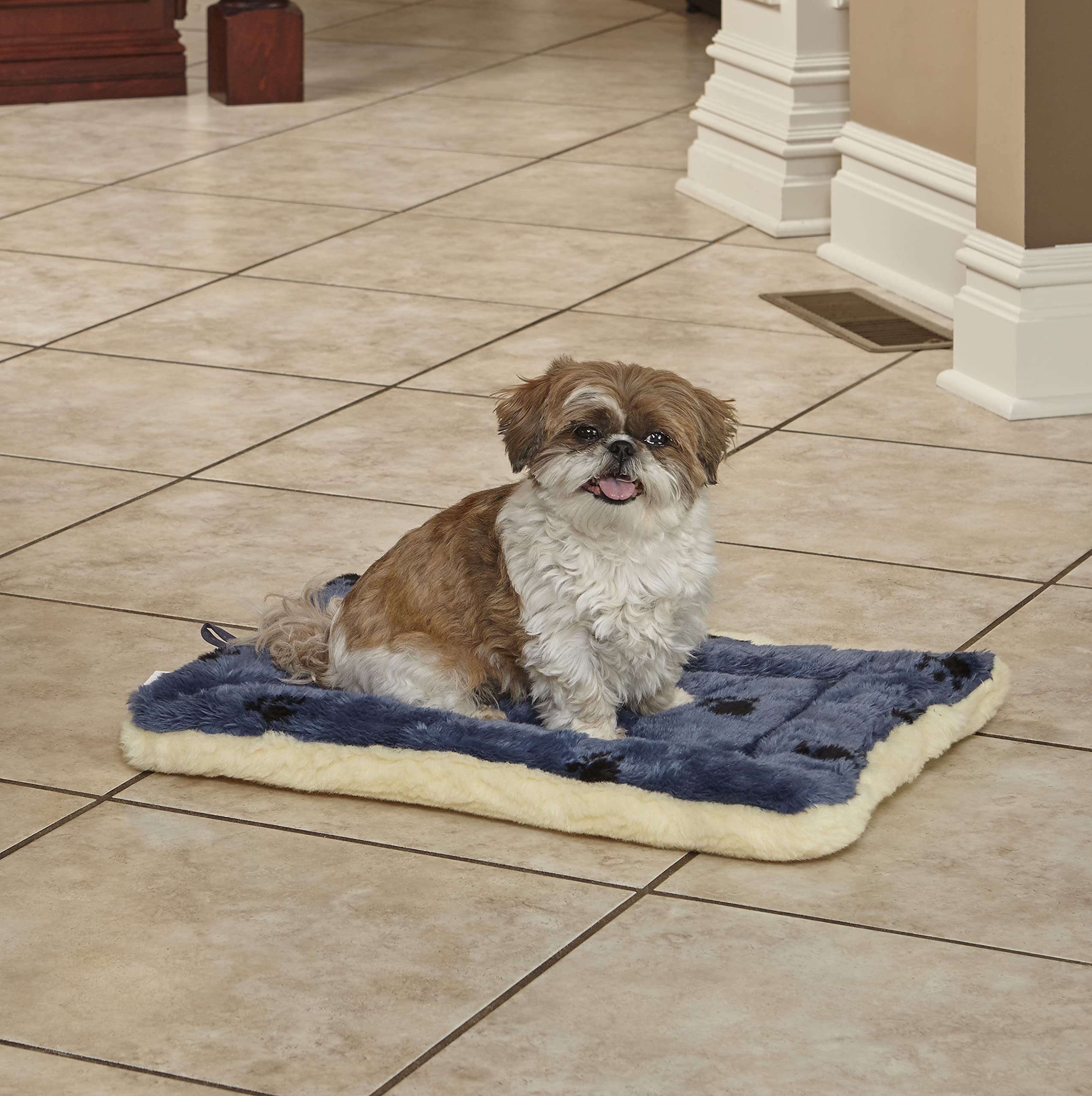 Midwest Homes For Pets Reversible Paw Print Pet Bed In Blue / Cream, Dog Bed Measures 23.5L X 17W X 2.8H For Small Dogs, Machine Wash