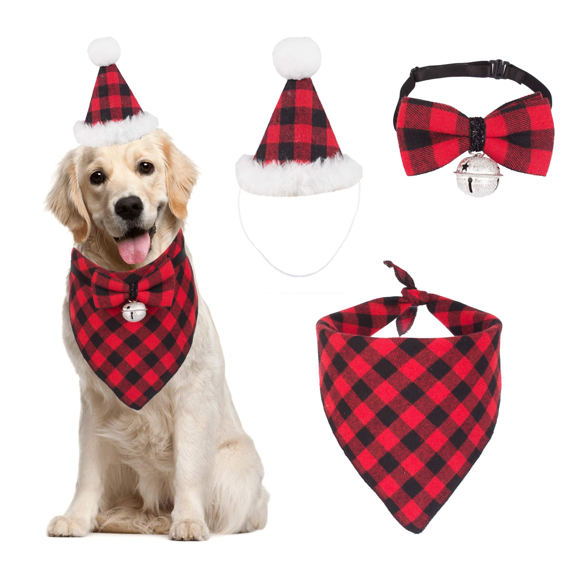 ADOGGYGO Christmas Dog Bandana Hat Bow tie Set - Classic Red Plaid Pet Xmas Scarf Hat Christmas Costume Outfit for Large X-Large