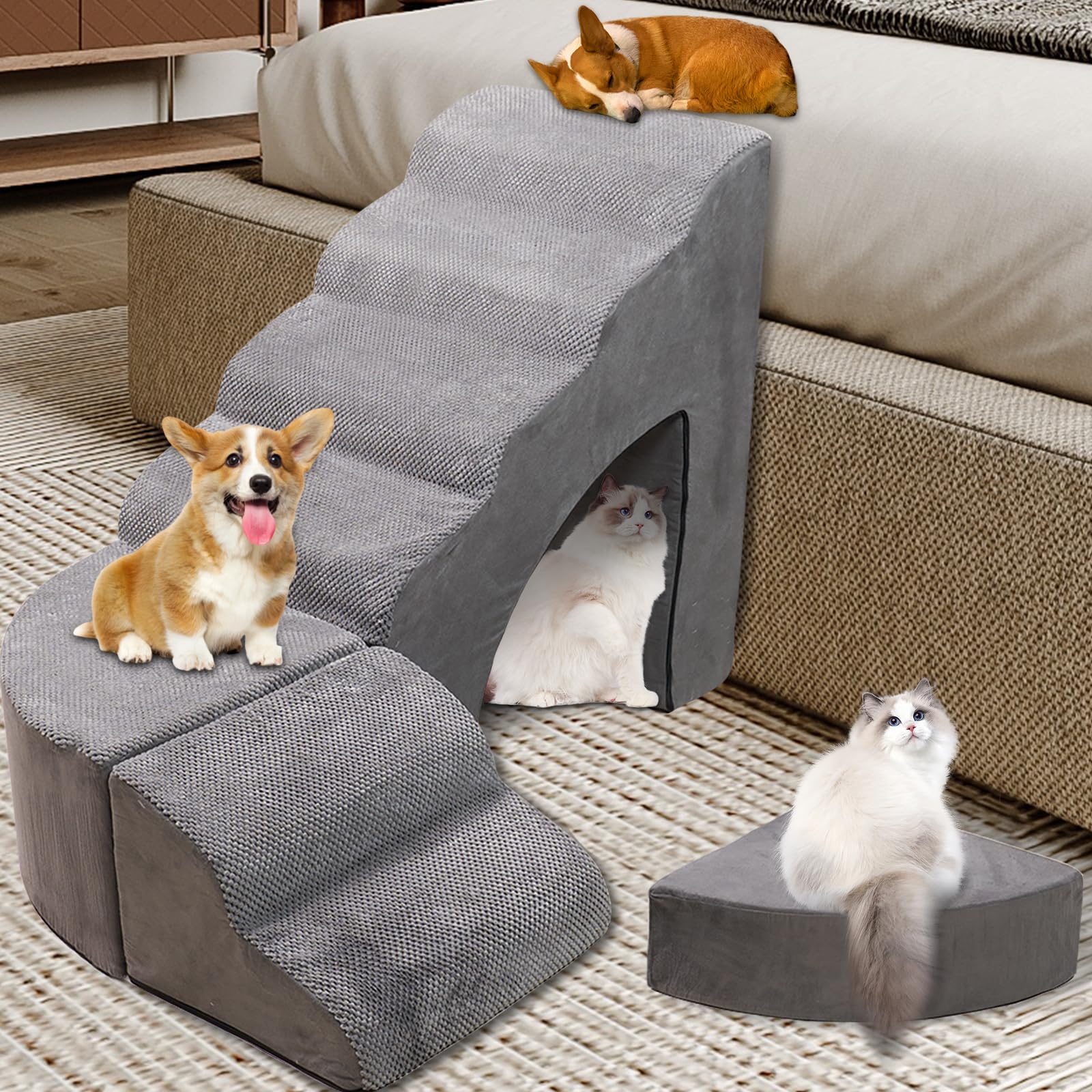 Foam Dog Stairs & Steps Ramps for High Beds 25-30 inches High Tall, LitaiL 6 Step Pet Stairs Steps for High Beds 30 inch Large D