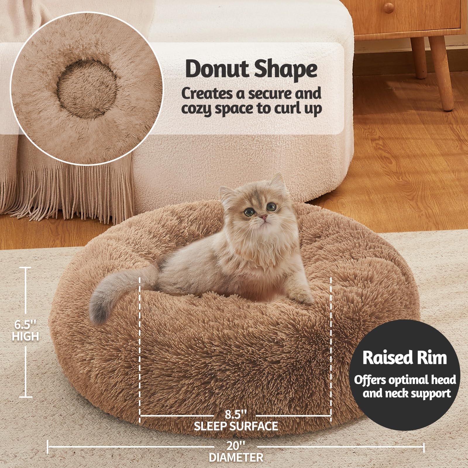 Ohgeni Calming Donut Cat Bed Pillow For Small Pets, Machine Washable Removable Cover, Comfort Plush Fluffy Faux Fur With Anti-Slip Bottom, Dogs-Friendly Round Cuddly Design, Ocher, 20 Inches