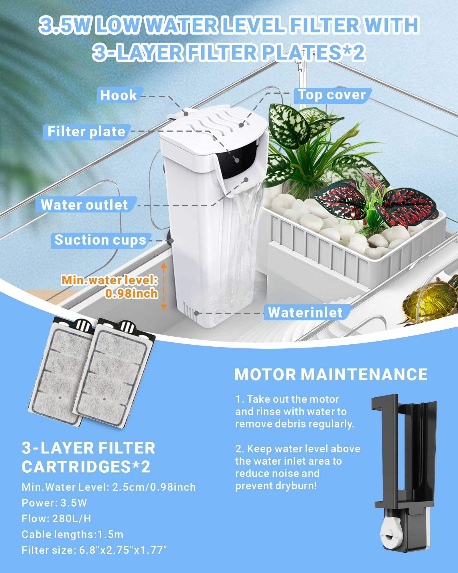 Gozilla Small Turtle Tank With Filter, Acrylic Turtle Tank Starter Kit, Reptile Habitat And Terrarium With Multi-Functional Area