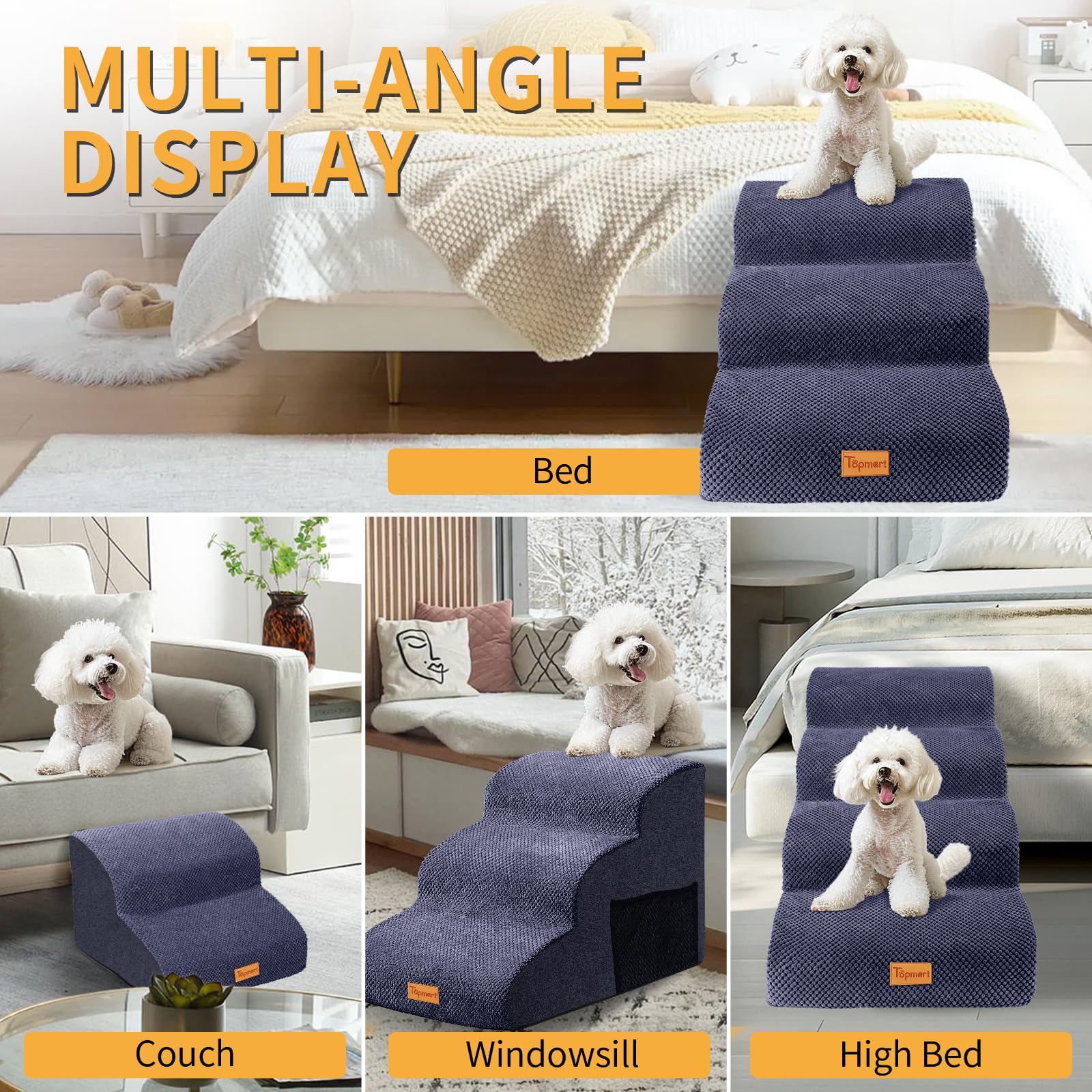 Topmart 3 Tiers Foam Dog Ramps/Steps,Non-Slip Dog Steps,Extra Wide Deep Dog Stairs,High Density Foam Pet Stairs/Ladder,Best For Older Dogs,Cats,Small Pets,With Pet Hair Remover Roller,Blue