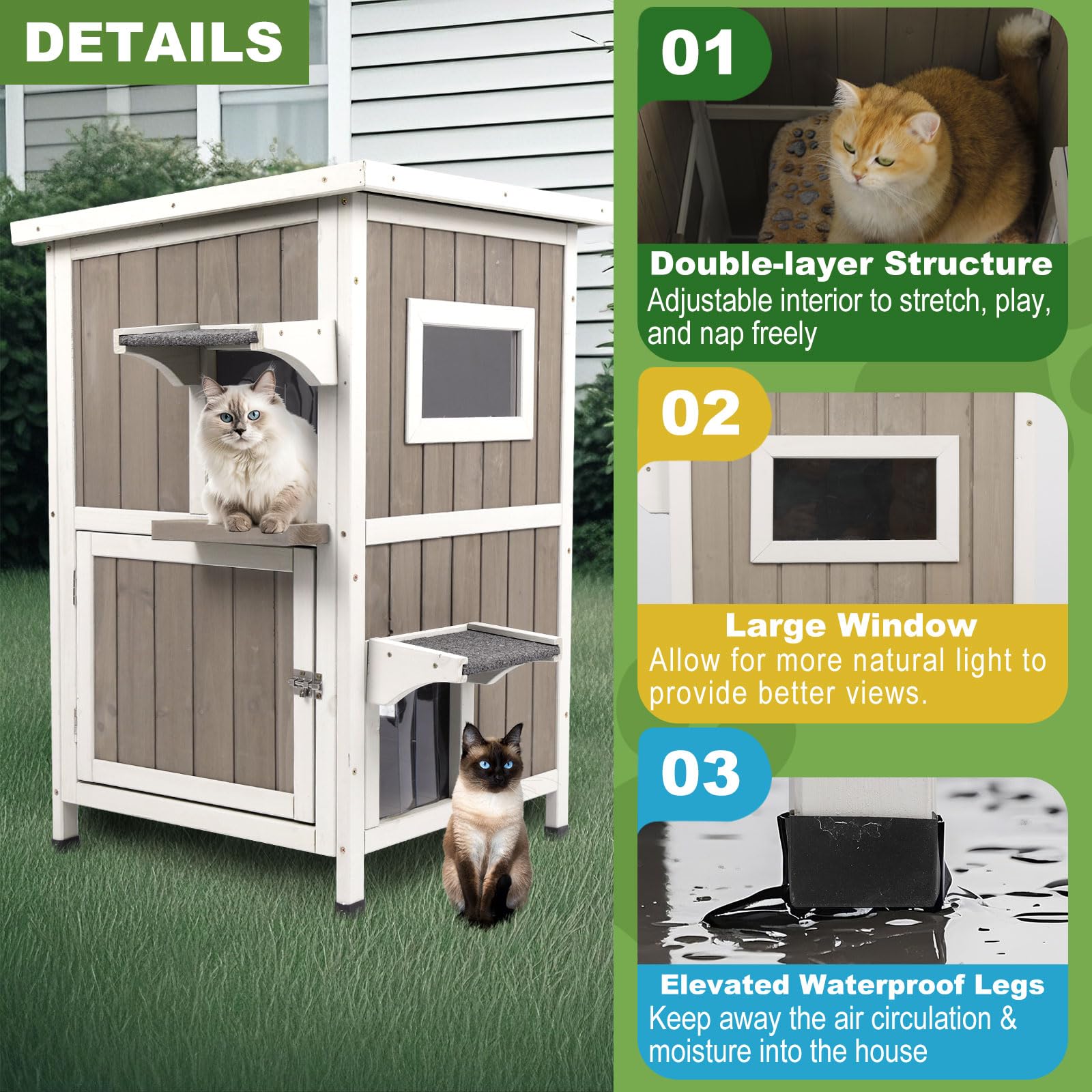Magazoopet Outdoor Cat House Weatherproof, Two Story Wooden Feral Cat House Shelter With 3 Escape Door, Outside Cat Condo For Sm