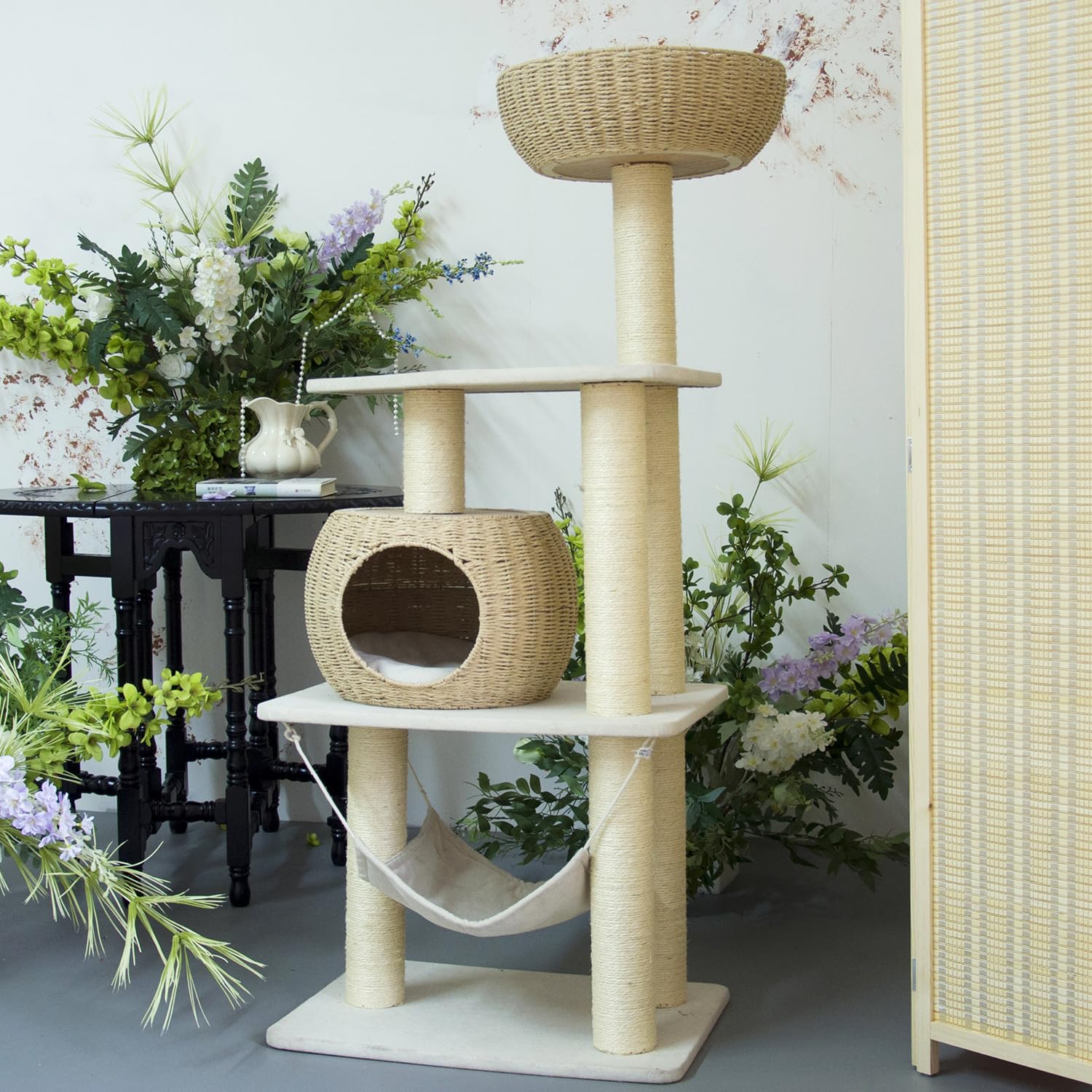 PawlaBay Wood Cat Tree for Indoor Cats, 52.4" Tall, Beige & Rattan, with Scratching Post & Hammock, Model MK220076