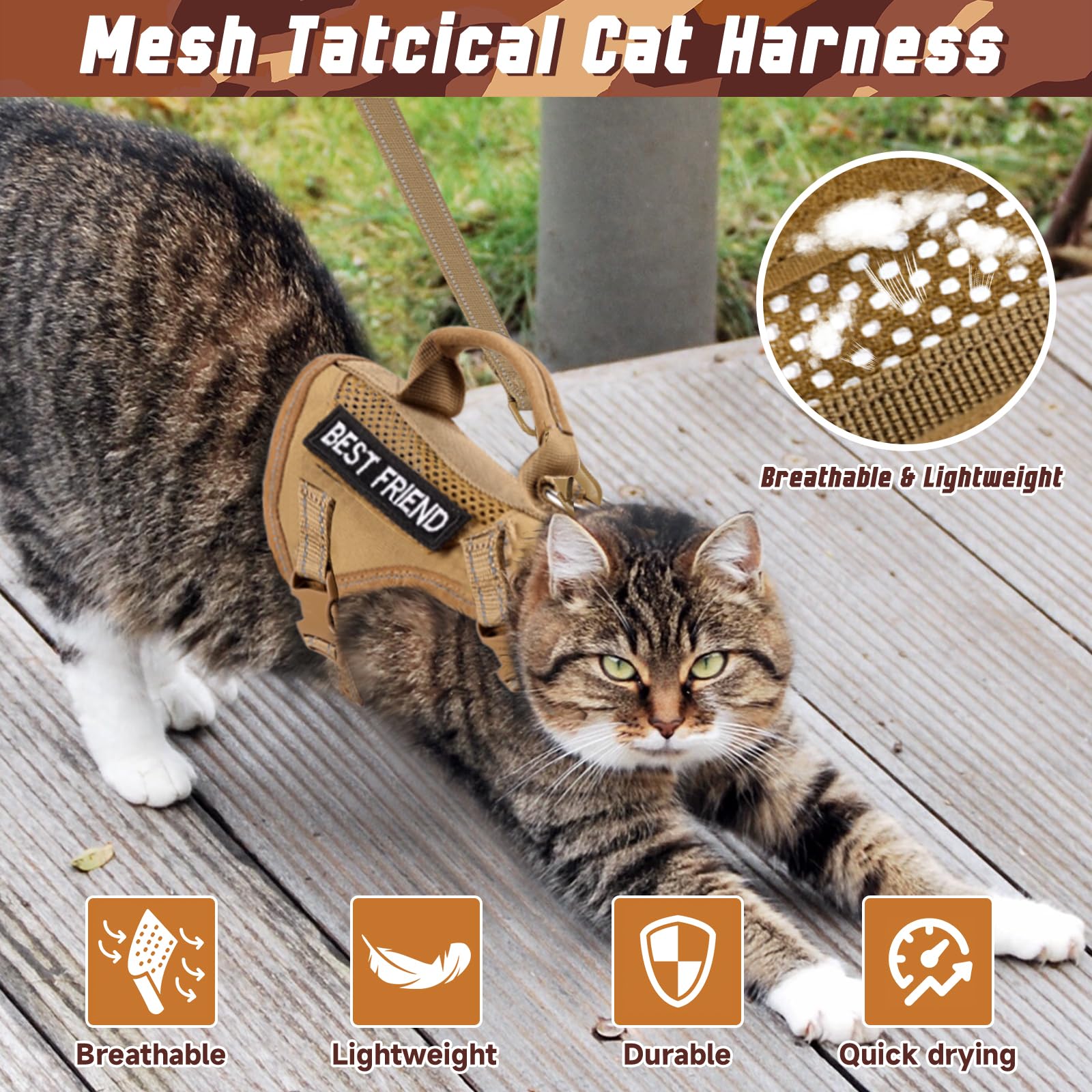 Salfse Large Tactical Cat Harness Leash, Air Mesh Adult Cat Walking Vest Harness Escape Proof With Handle, Reflective (Akhaki, L
