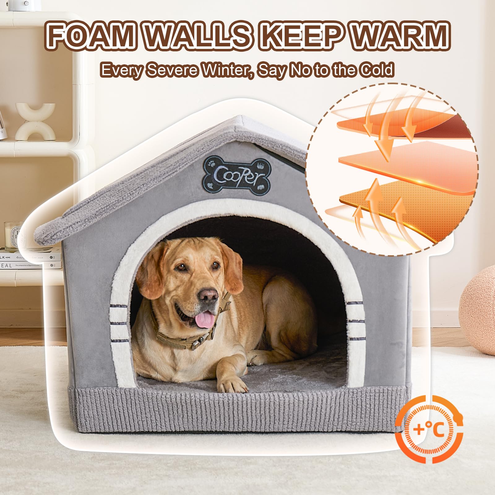 Jiupety Large Indoor Dog House, Insulated Cozy Bed for 60-100 lb Dogs, Jumbo 38"x30"x28", Grey Polyester