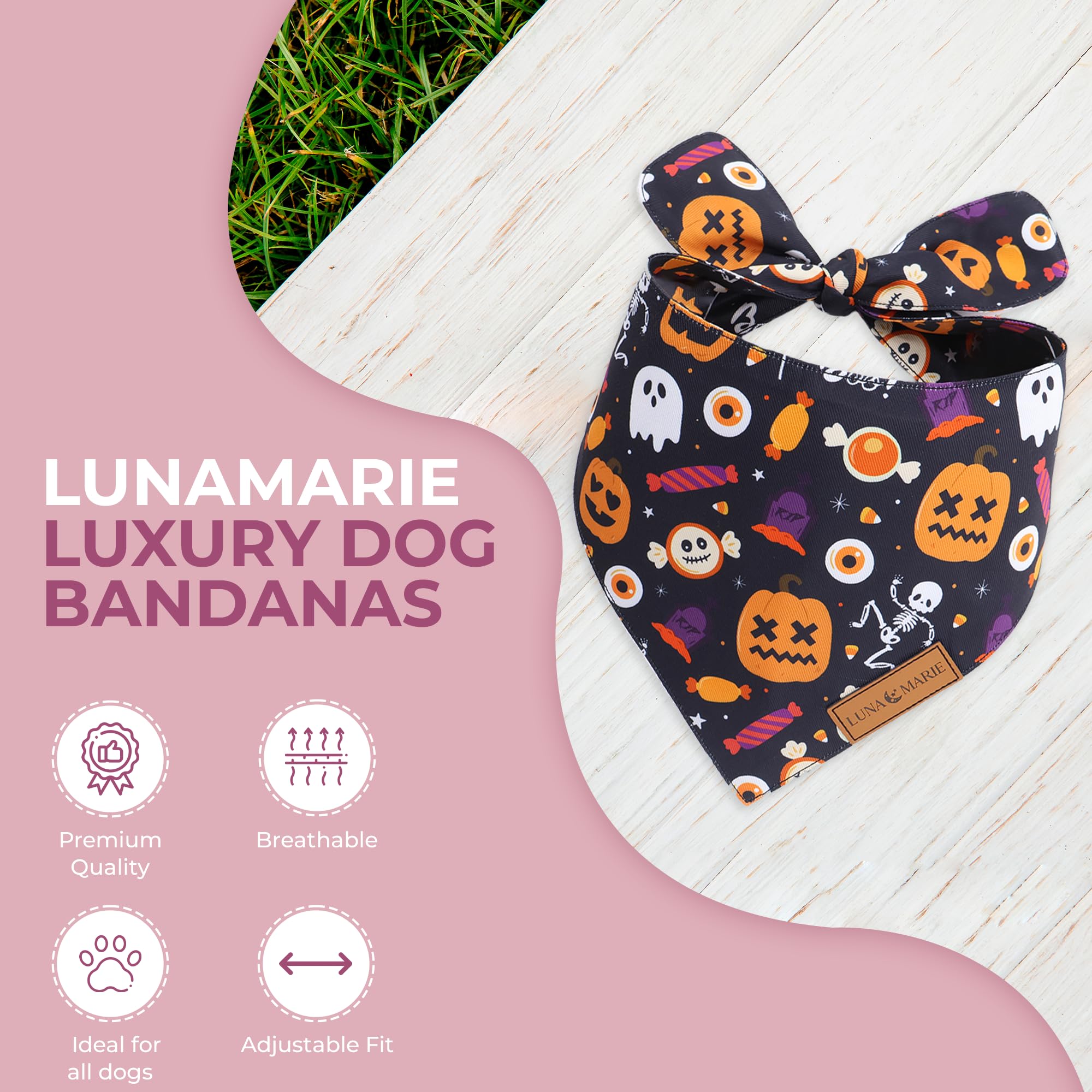 Lunamarie - Luxury Cat And Dog Bandanas - Halloween Designs | Premium Silky Poly Fabric | 100% Handmade Custom Shape Dual Layered Small, Medium, Large Cat Scarf (Trick-Or-Treat, Small)