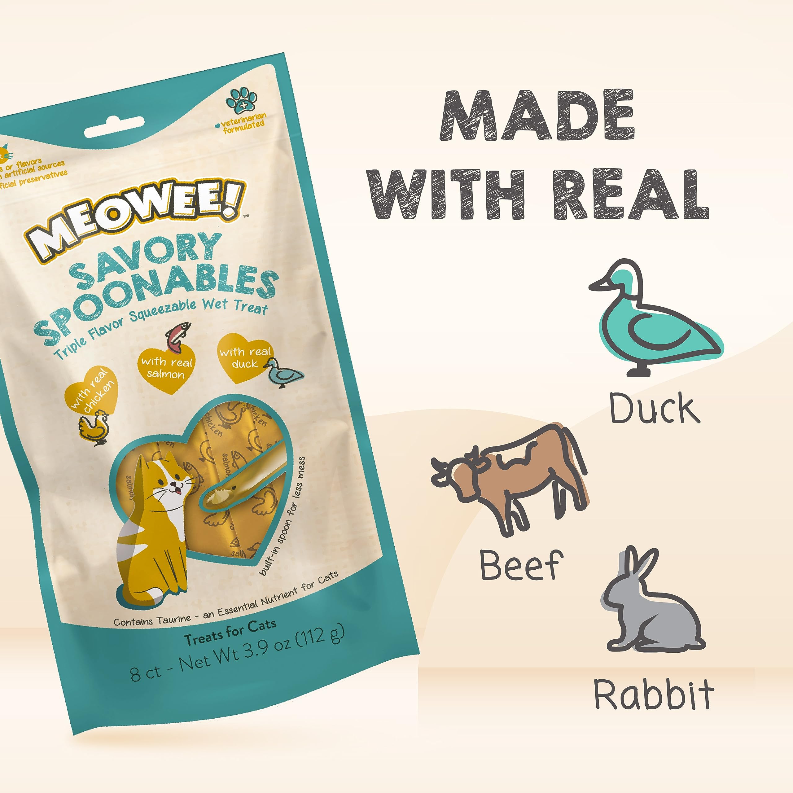 MEOWEE! Savory Spoonables with Real Chicken, Salmon and Duck for Cats, 8 Count, Treat Your Cat to Triple Flavor Squeezable Licka
