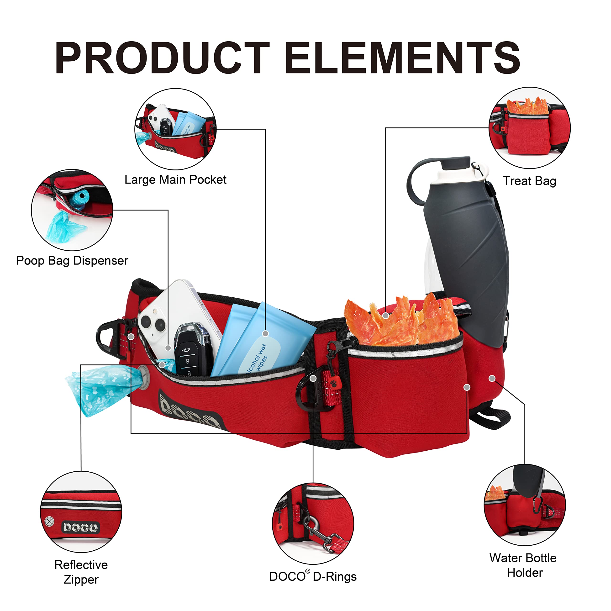 Doco Heavy Duty Hands Free Dog Leash, Retractable Bungee For Running Walking Jogging, Training, Hiking  Adjustable Waist Belt, R