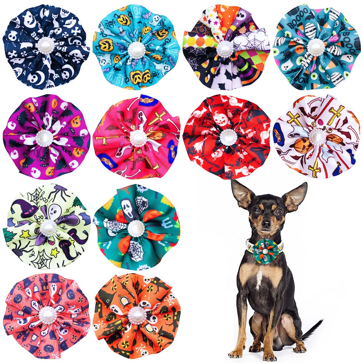 JpGdn 12pcs Halloween Dog Collar Flowers Bows Attachment Sliding for Medium Large XL Puppy Cats Rabbit Party Holiday Grooming Co