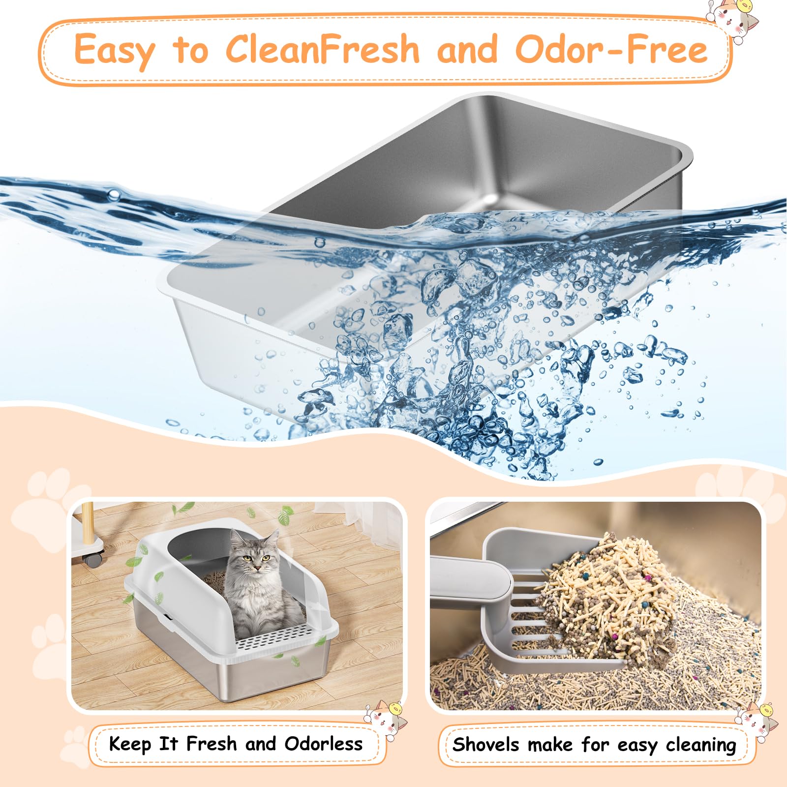 2 Pack Stainless Steel Litter Box, 24'' Xl Extra Large Cat Litter Box With Lid, Metal Litter Boxes For Multiple Cats, Anti-Leaka