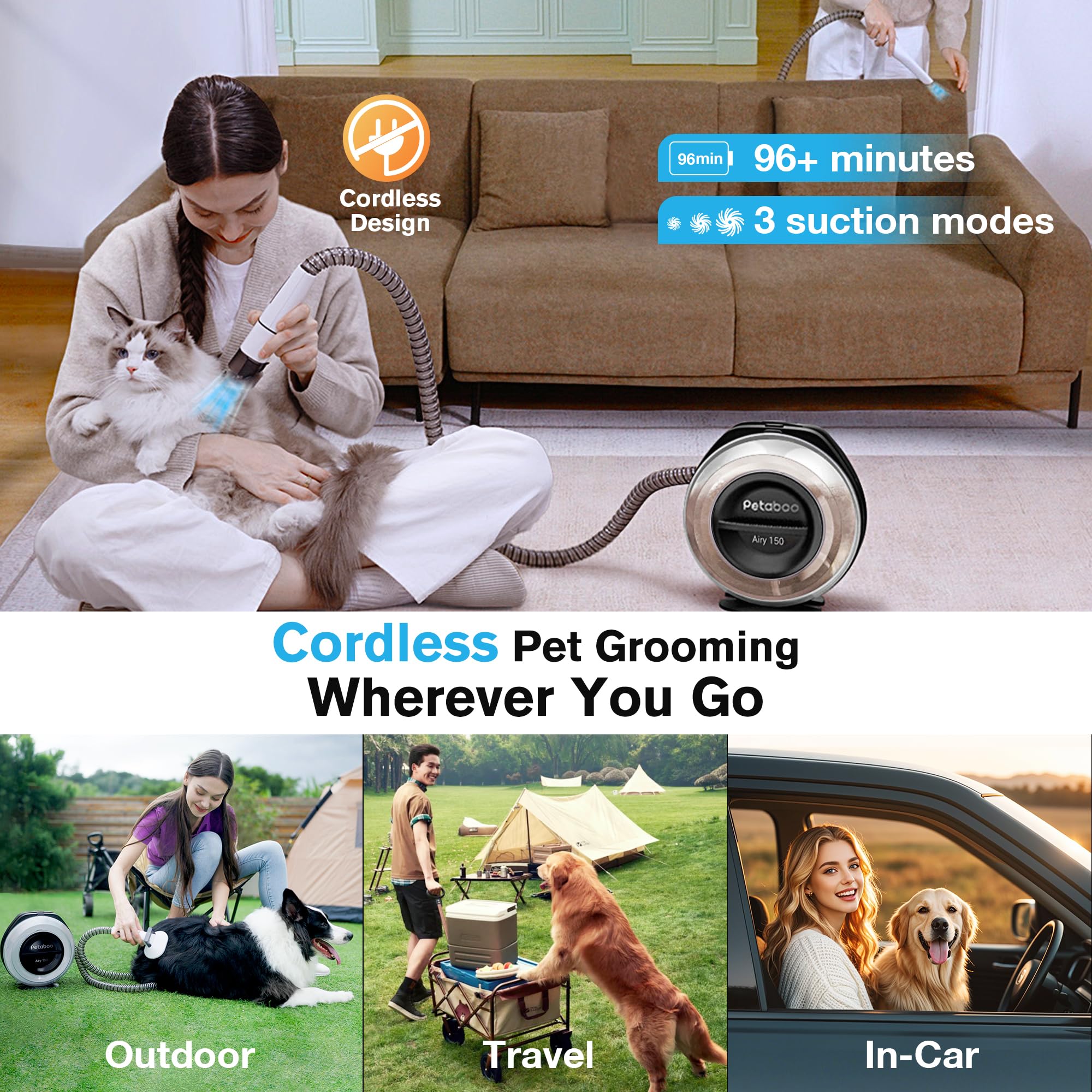 Petaboo Cordless Dog Grooming Vacuum, Pet Grooming Kit With Clippers Nail Grinder 5 Pet Grooming Tools,2.2L Dust Cup,Low Noise,D