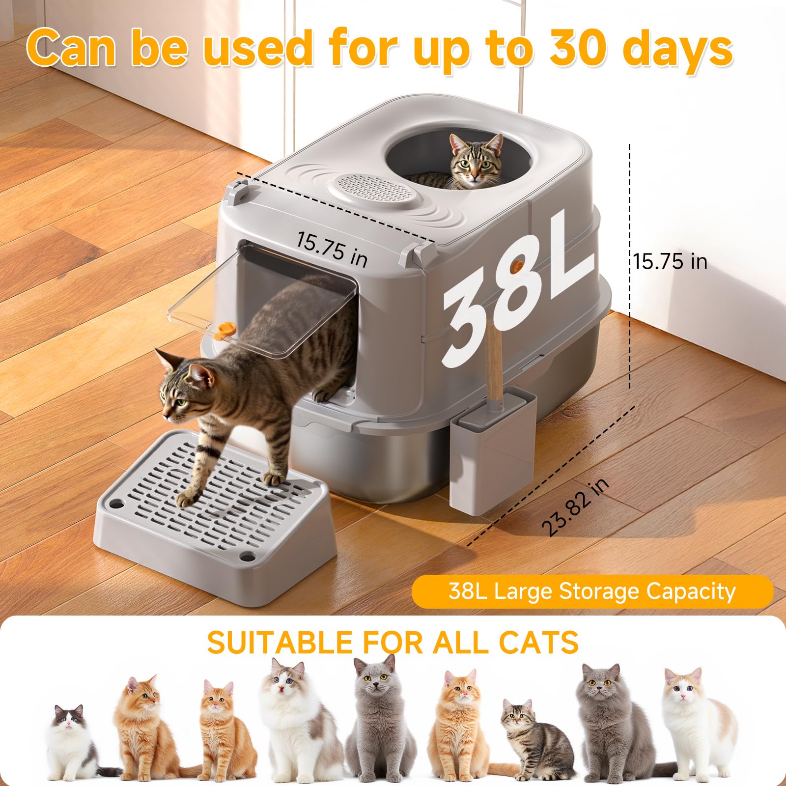 PIRAIL XL Grey Stainless Steel Cat Litter Box with Lid, Enclosed Top Entry, Non-Sticky, Anti-Leakage, High Sided & Scoop