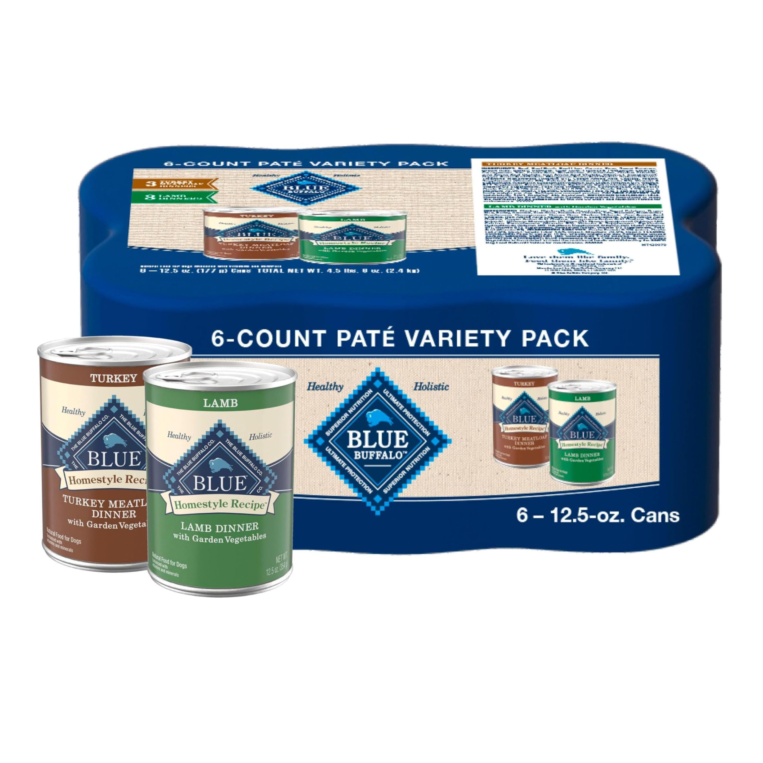 Blue Buffalo Homestyle Recipe Adult Wet Dog Food, Made with Natural Ingredients, Turkey and Lamb Dinner Variety Pack, 12.5-oz Ca