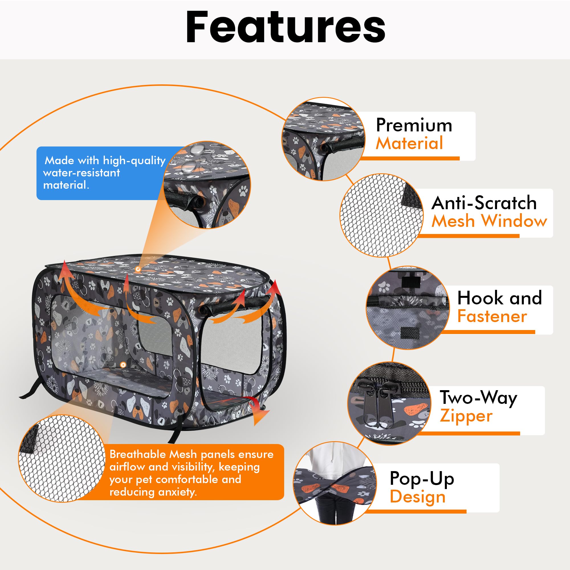 Beatrice Home Fashions Portable, Collapsible, Pop Up Kennel Travel Cat And Dog Crate, 40'' L X 27'' W X 27'' H, Face Of Love