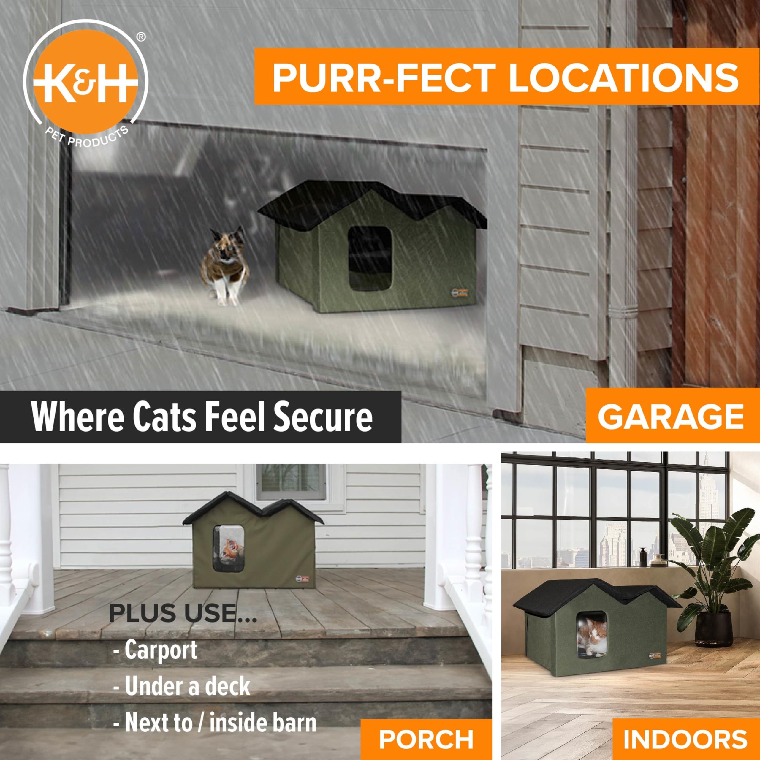 K&H Pet Products Outdoor Cat House Extra-Wide Unheated Cat Shelter For Two, Olive, 26.5 X 21.5 X 15.5 Inches