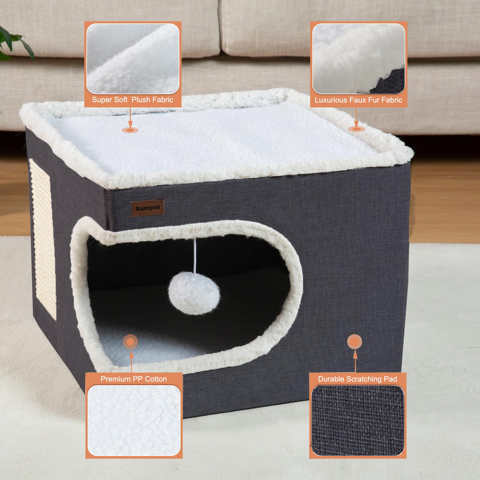 Garnpet Cat Bed For Indoor Cats Cube House, Covered Cat Cave Beds & Furniture With Scratch Pad And Hideaway Tent, Cute Modern Ca