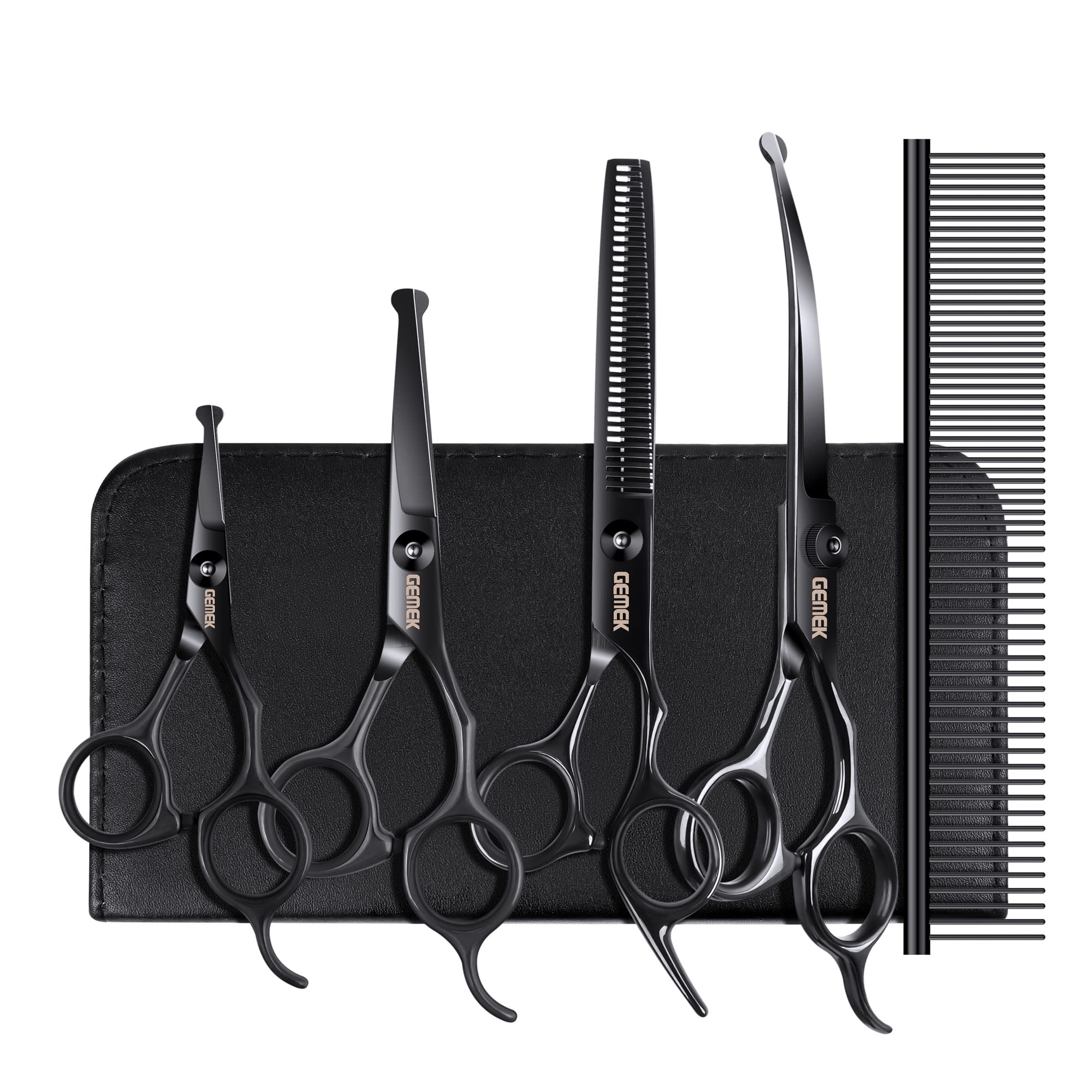 Dog Grooming Scissors Kit with Safety Round Tips, GEMEK Professional 6 in 1 Grooming Scissors for Dogs, Heavy Duty Titanium Coat
