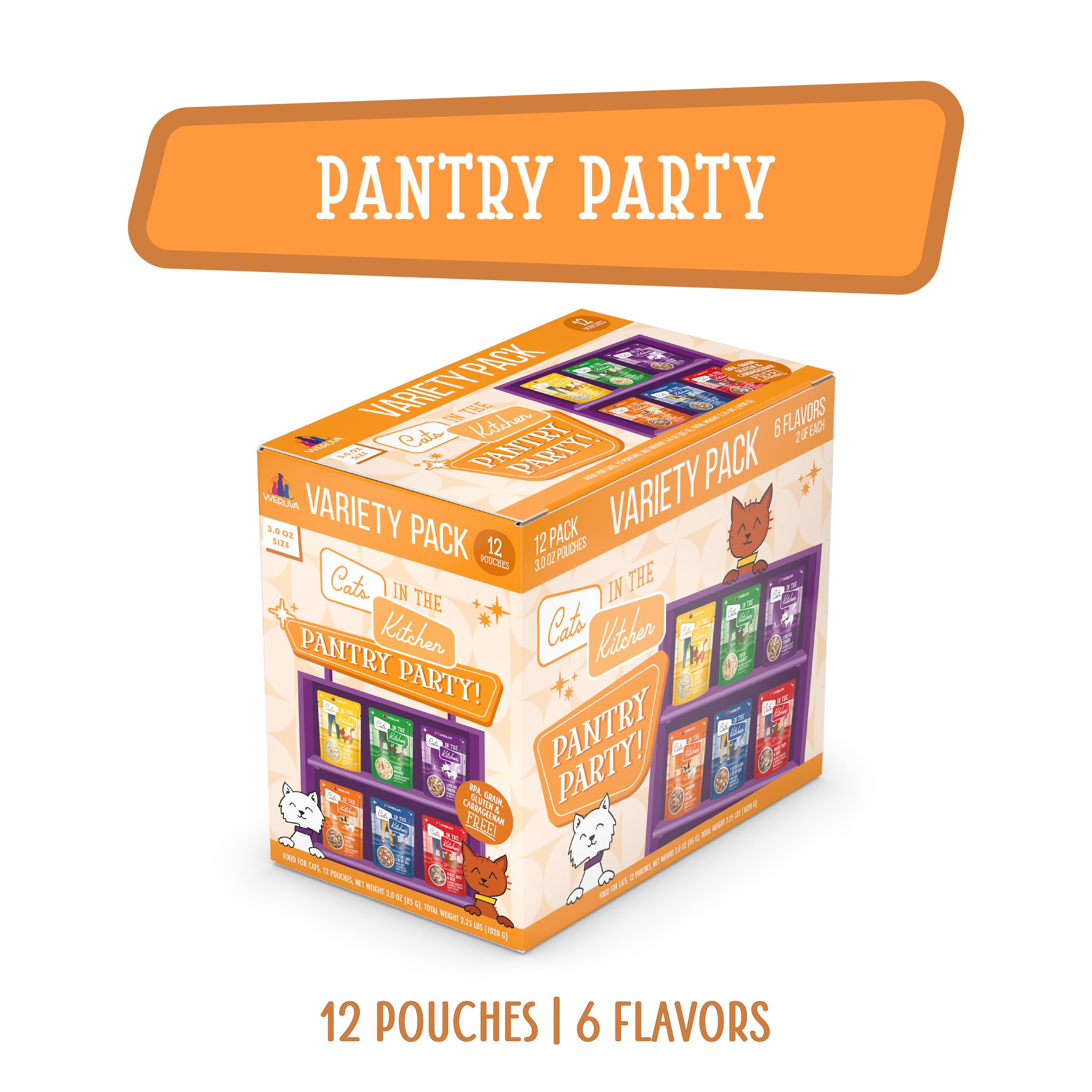 Weruva Cats in the Kitchen, Pantry Party Pouch Variety Pack in Gravy Cat Food, 3oz Pouch (Pack of 12)
