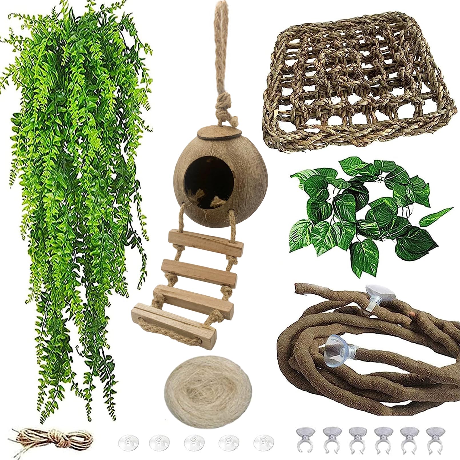 Muyg Grested Gecko Coconut Hut With Ladder,Leopard Gecko Coconut Hide Lizards Hanging Coco Den Cave Reptile Hammock Reptiles Tan