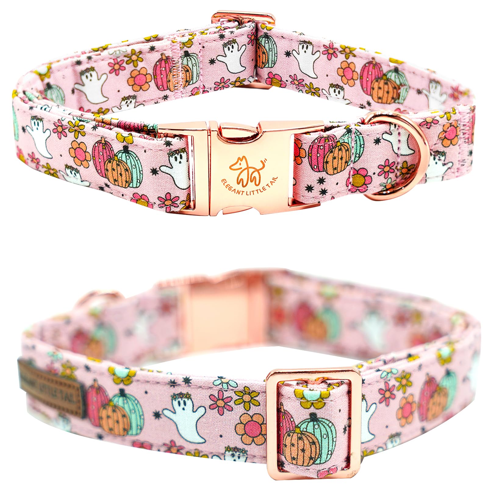 Elegant Little Tail Halloween Dog Collar With Pumpkin Print - Cotton With Metal Buckle, Adjustable For X-Small Puppy