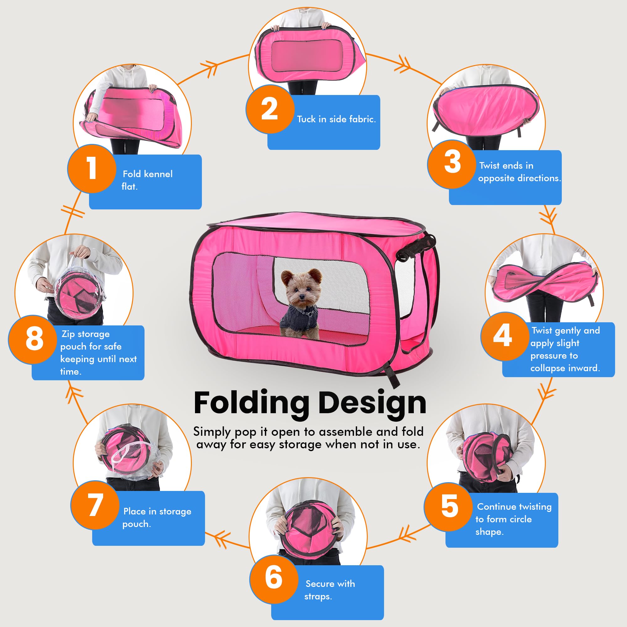 Beatrice Home Fashions Portable, Collapsible, Pop Up Kennel Travel Cat And Dog Crate, 24' L X 16.6' W X 16' H, Fuchsia