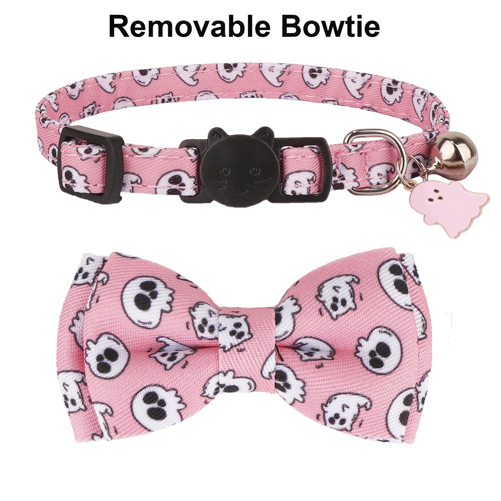 Adoggygo Pink Halloween Cat Collar With Bowtie Bell, 2 Pack Halloween Kitten Collar With Removable Bow, Pink Skull Ghost Collars
