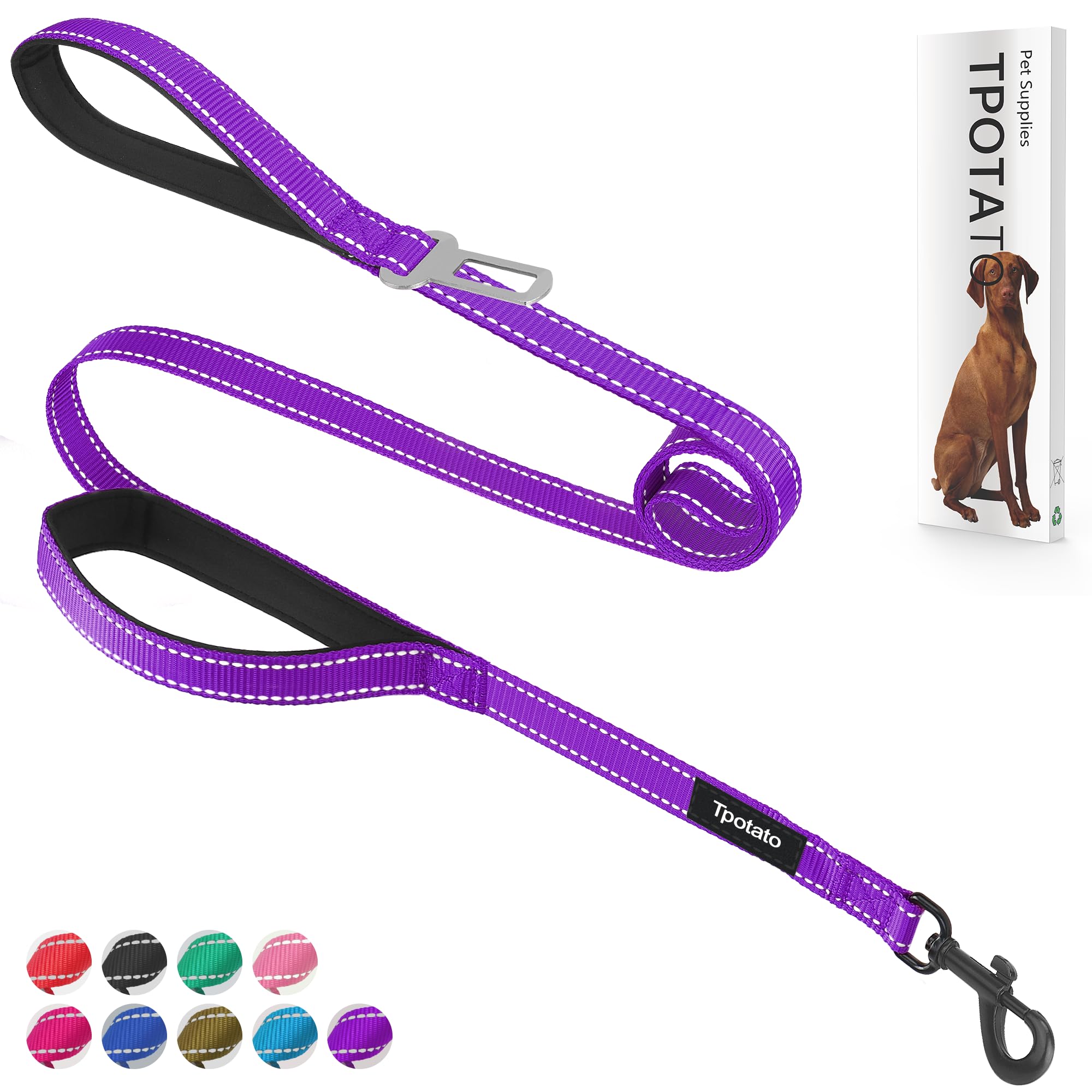 6 Foot Purple Dog Leashes For Large Medium And Small Breed Dogs That Pull,Reflective Nylon Heavy Duty Dog Leash With 2 Comfortab