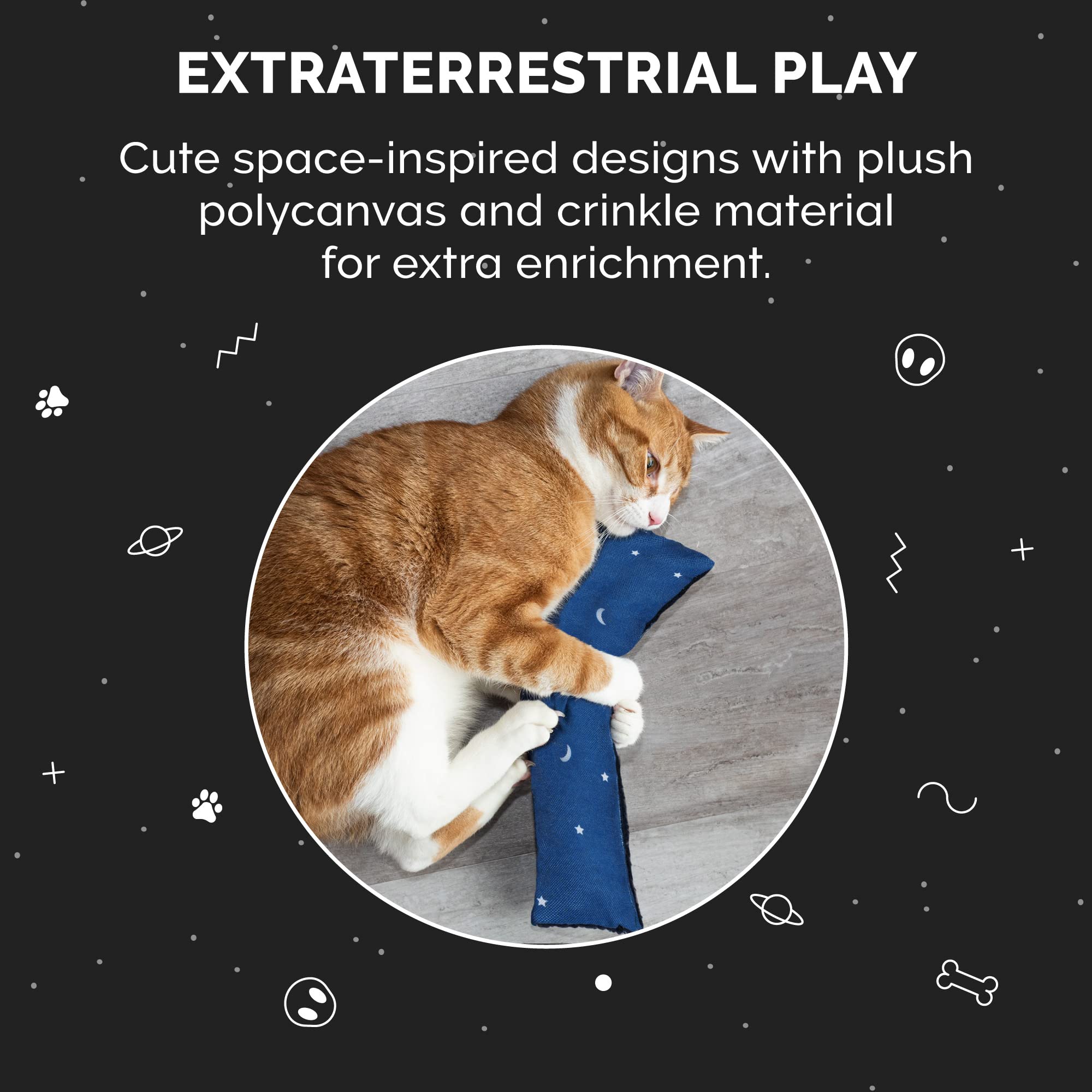 Furhaven (Set Of 3) Catnip Plush Kicker Cat Toy Set, Refillable - Space Print