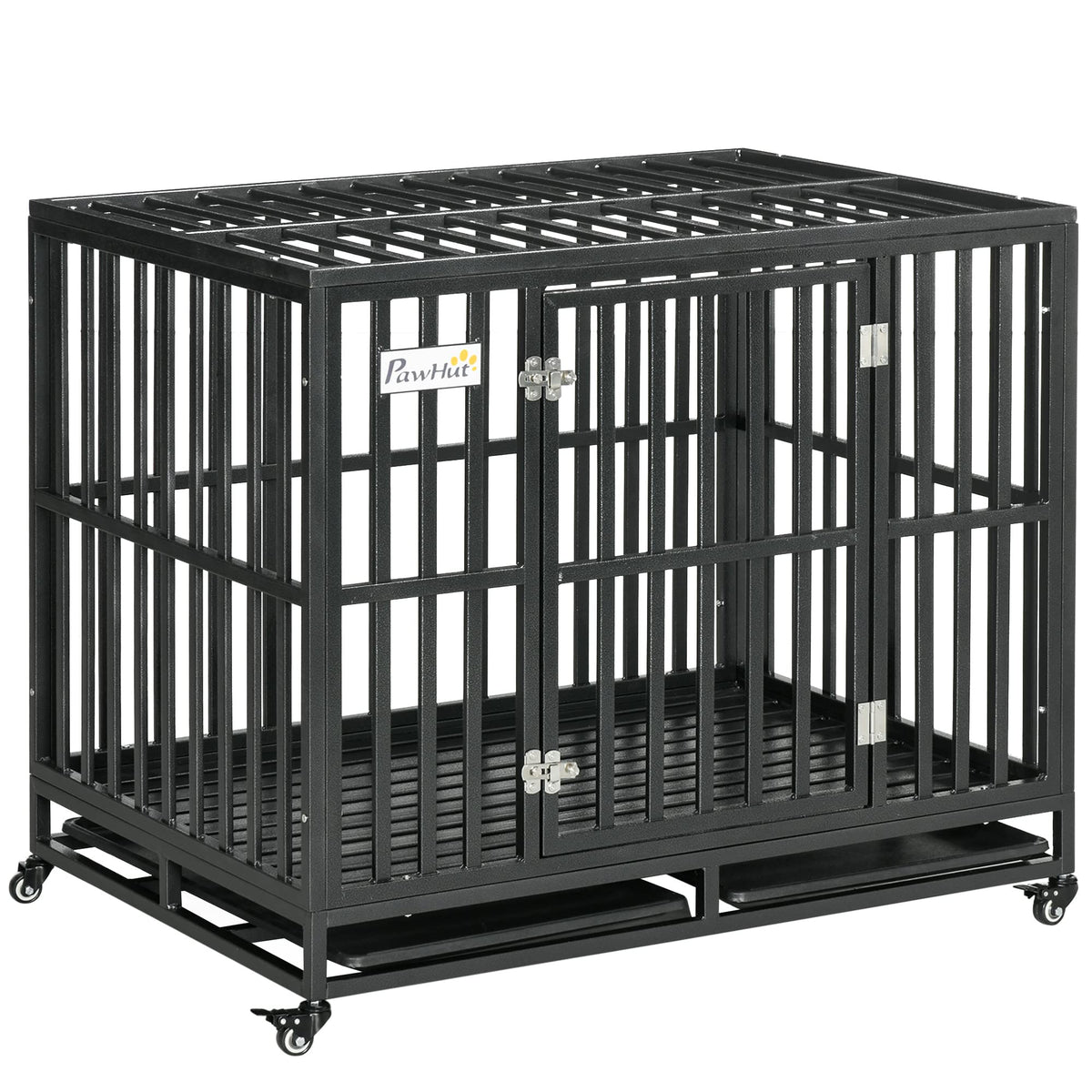 Pawhut Heavy Duty Dog Crate Metal Kennel And Cage Dog Playpen With Lockable Wheels, Slide-Out Tray And Anti-Pinching Floor, 41' X 29.5' X 35'