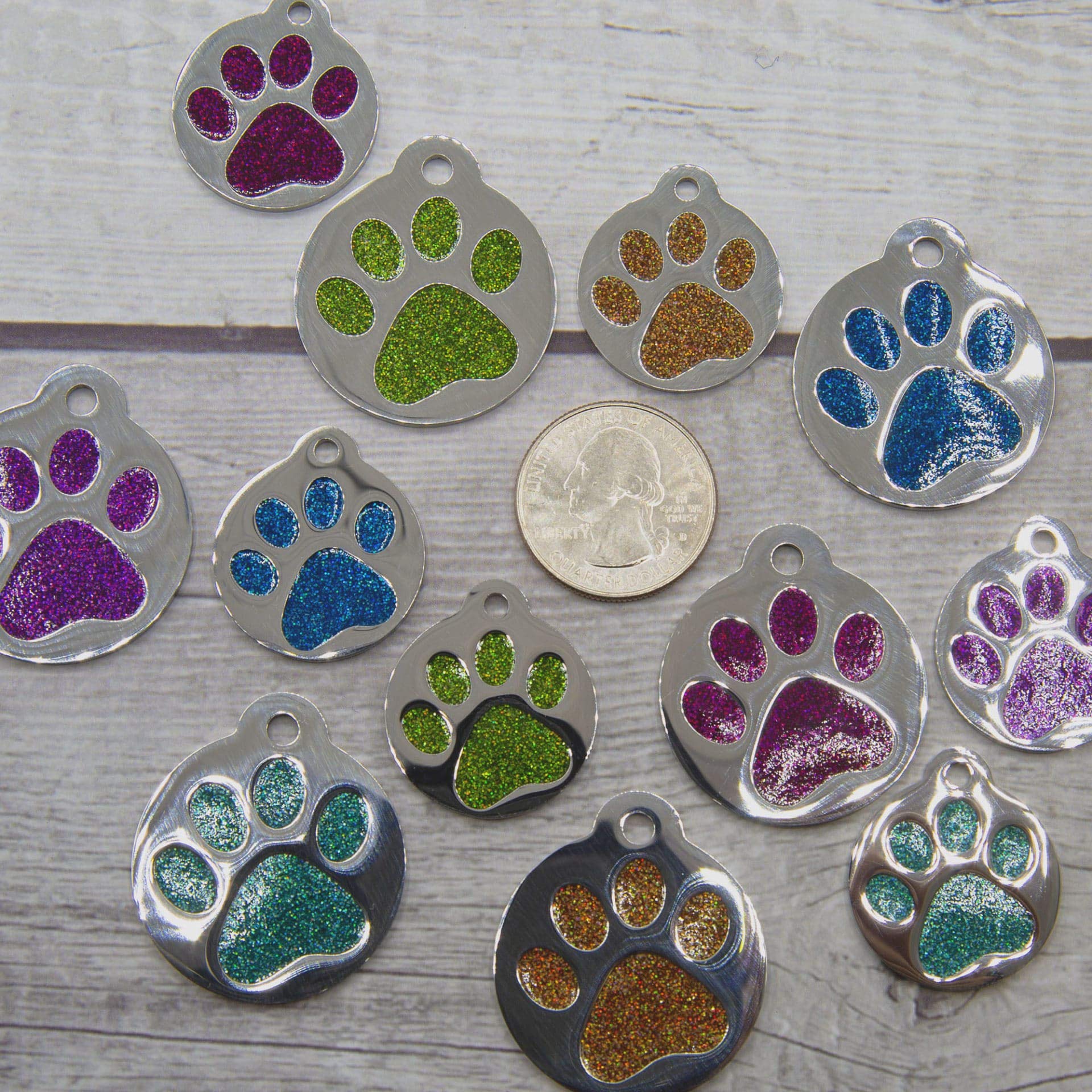 Engraved Pet Tag for Dogs & Cats - Personalized with 4 Lines of Custom Engraved ID, Round Paw Print Stainless Steel Enameled in