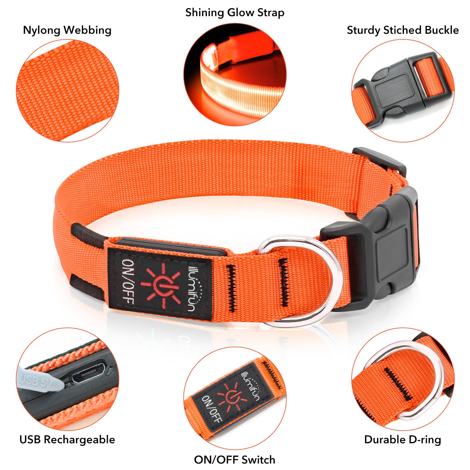 Illumifun Led Dog Collar, Usb Rechargeable Lighted Up Dog Collar, Adjustable Glowing Pet Safety Collar Light For Your Dogs Walking At Night (Orange, Medium)