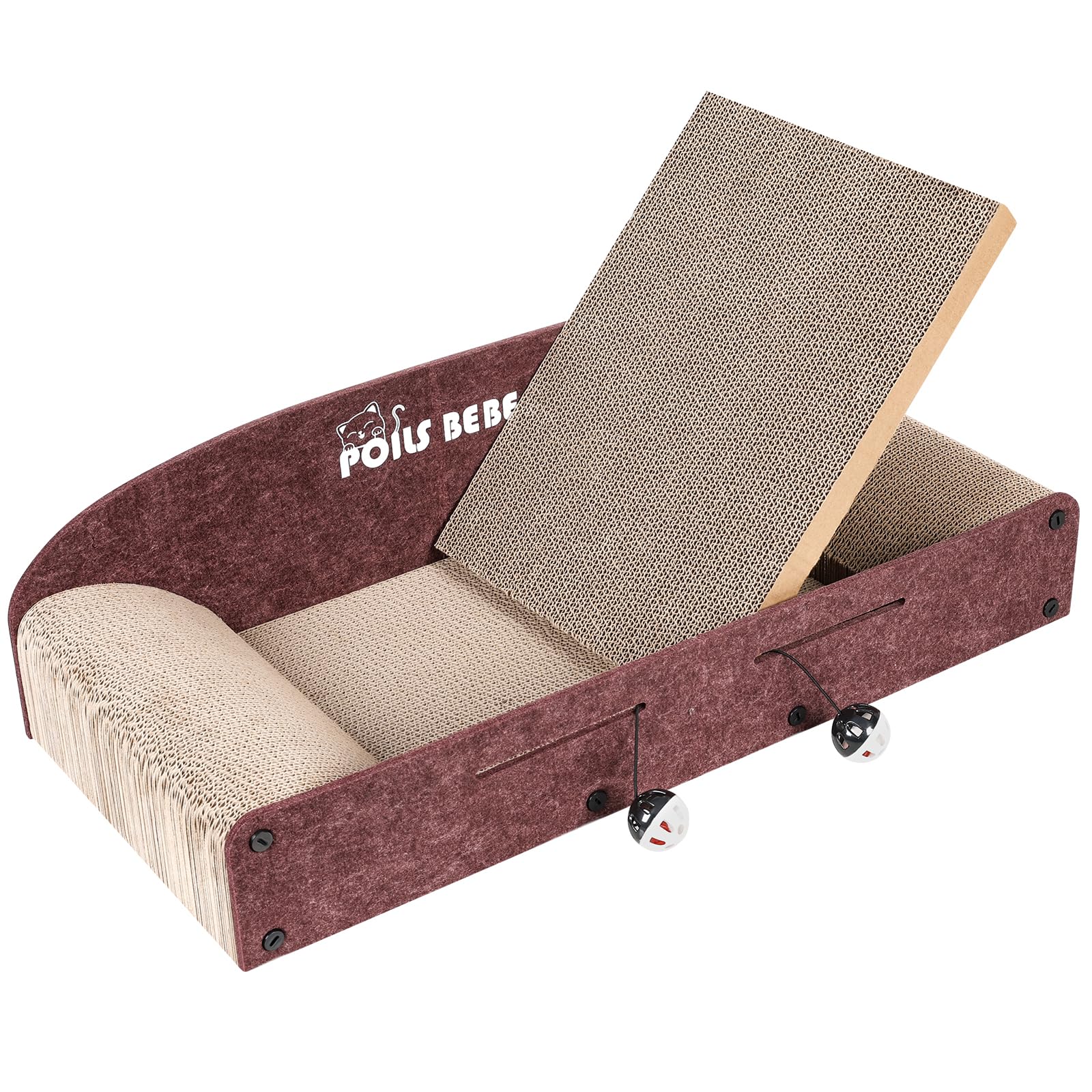 Poils Bebe 26 Inch Sofa Cat Scratcher, Small Cat Scratcher Cardboard with Bell Balls, Durable Couch Lounger for Indoor Cats, Cat