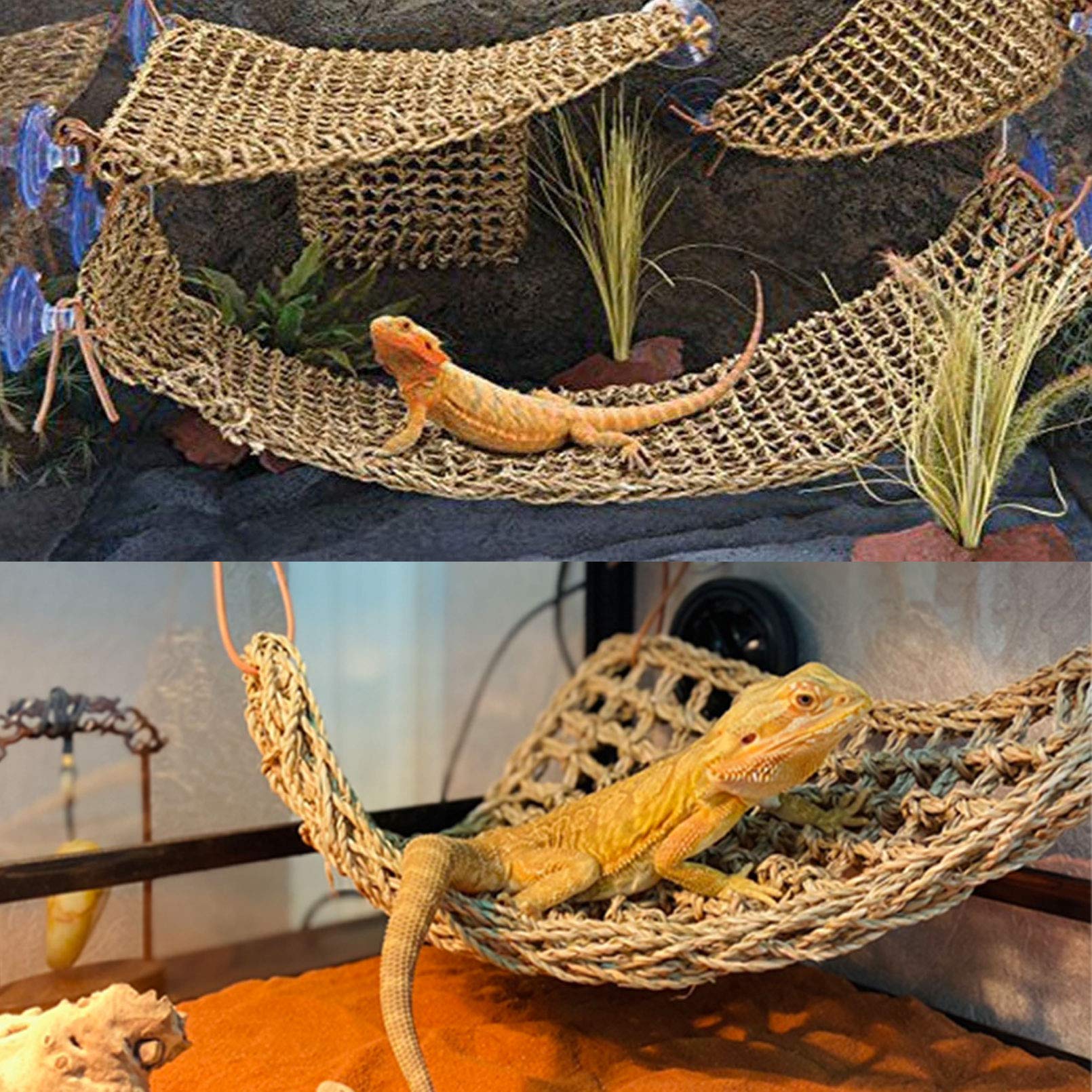 Pinvnby Bearded Dragon Hammock Lizard Natural Seagrass Habitat Reptile Tank Accessories Jungle Climber Vines Flexible Leaves Decor For Climbing Chameleon Hermit Crabs Gecko Snakes