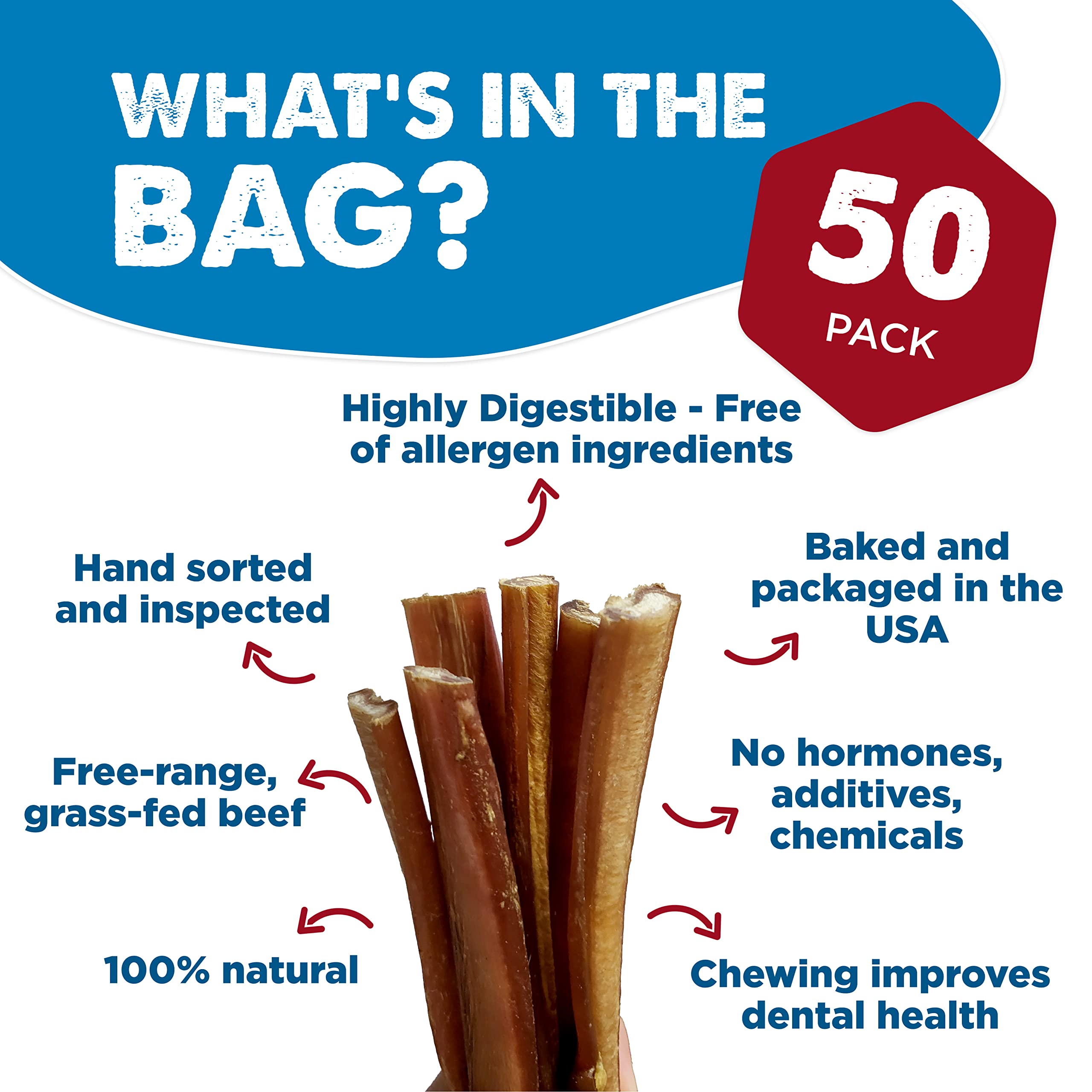 Best Bully Sticks 12 Inch Bully Sticks for Dogs - 50 Count (Pack of 1) - Natural, Easily Digestible, 100% Grass-Fed Beef, Grain
