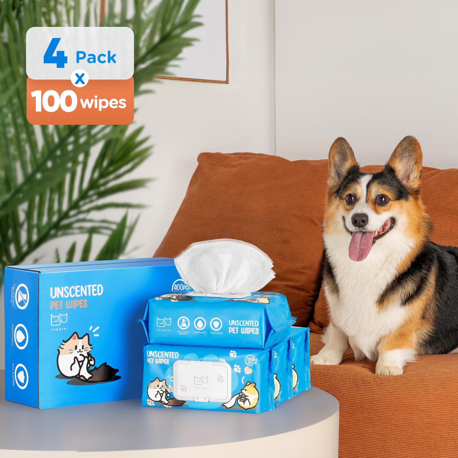 Furmini Unscented Pet Wipes (400pcs) - Hypoallergenic, Alcohol-Free & Soothing for Sensitive Skin - Head-to-Tail Cleaning for Do