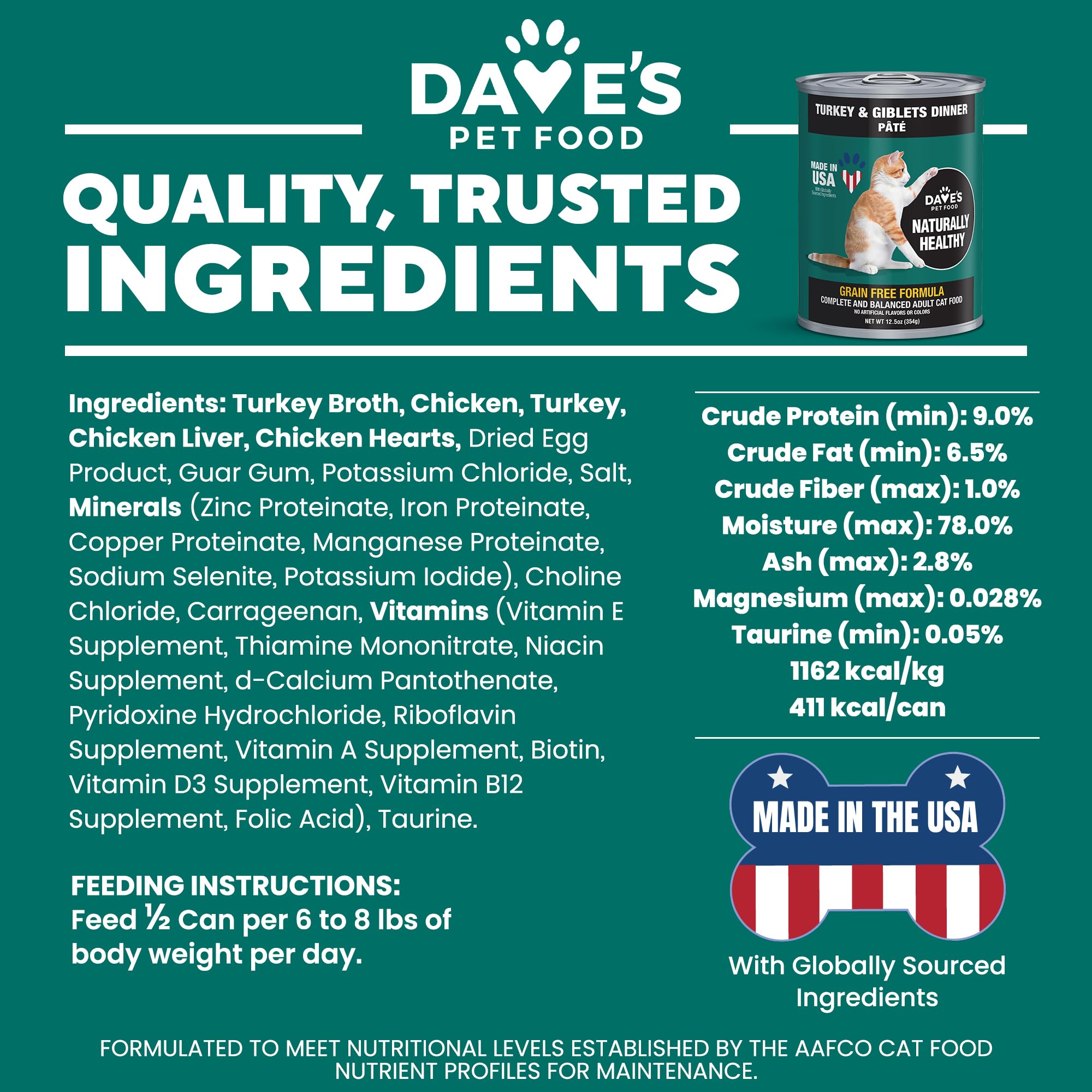 Daves Pet Food Grain Free Canned Cat Food (Turkey & Giblets Pate), Made in USA Naturally Healthy Canned, Canned Pate, 12.5 oz C