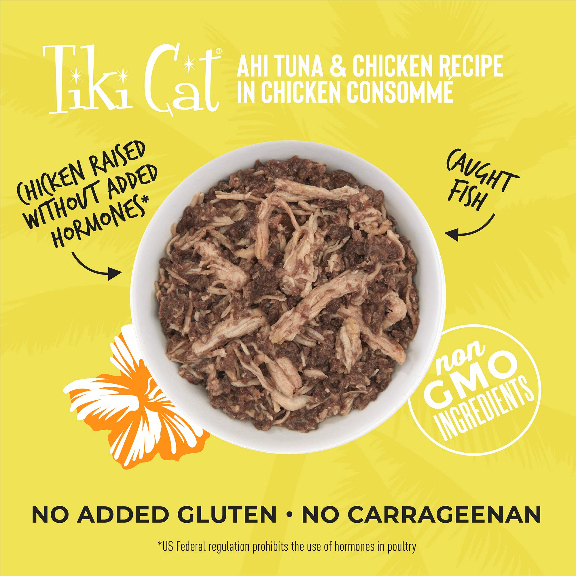 Tiki Cat Luau Shredded Meat, Ahi Tuna & Chicken Recipe in Chicken Consumme, Grain-Free Balanced Nutrition Wet Canned Cat Food, F