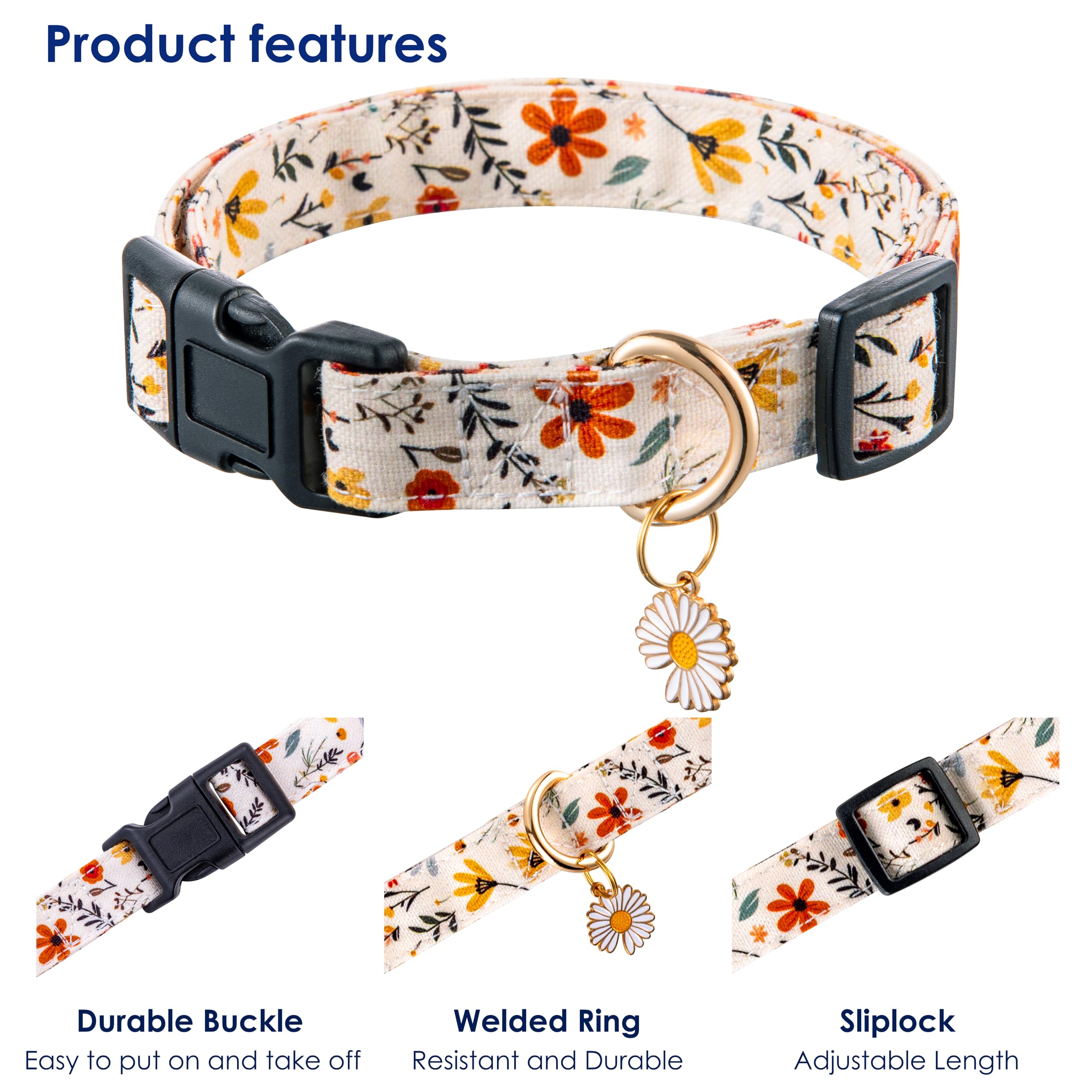 Raisingwell Cotton Dog Collar Beige Flower Pattern For Boys And Girls Cute Dog Collars Summer Fall Gift Adjustable For Medium To