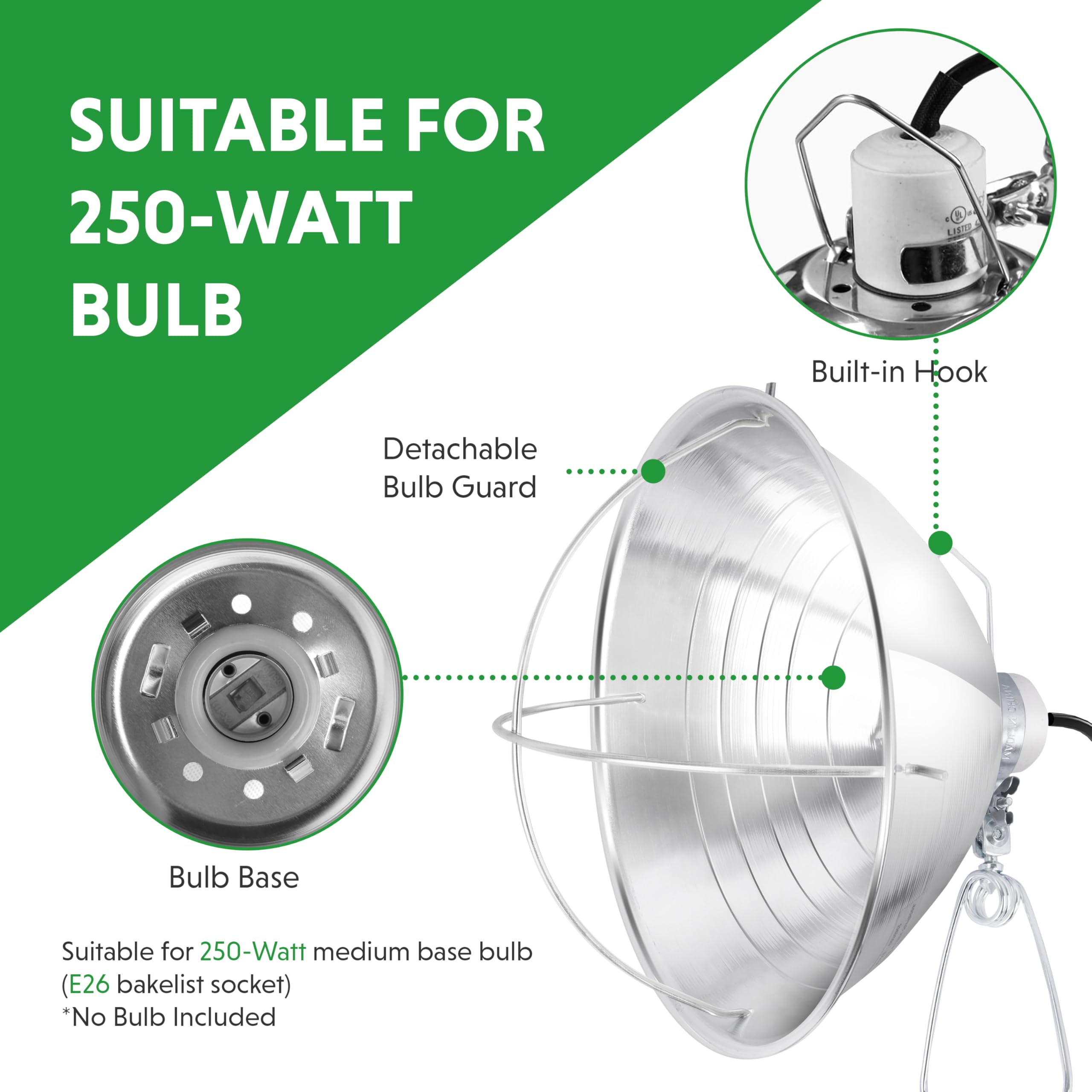 Simple Deluxe Clamp Lamp Light With Ceramic Base, 10.5 Inch Aluminum Reflector And 6 Feet Power Cord For Heat Lamp & Work Light,