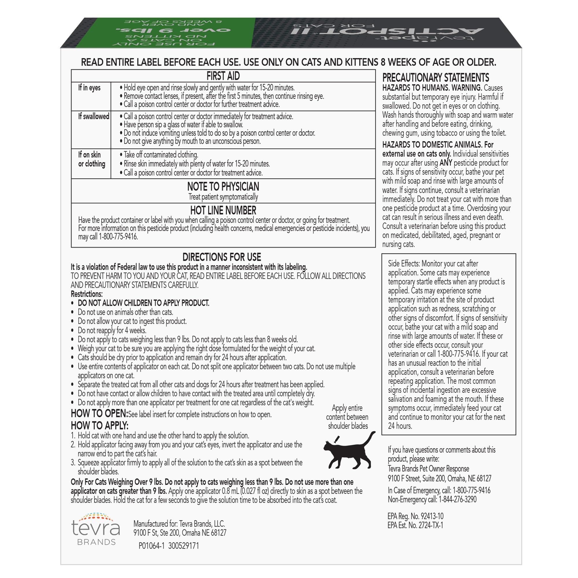 Tevrapet Actispot Ii Flea Treatment For Large Cats 9+ Lbs  6 Doses  Powerful Prevention And Control