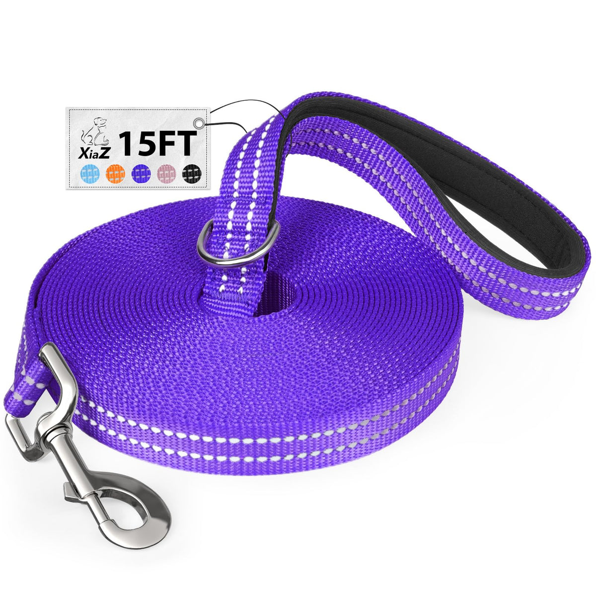 Xiaz 15 Feet Dog Training Leash, Nylon, Purple, Reflective, Padded Handle, 550 Lbs Bearing, Lightweight Suitable For Small, Medi