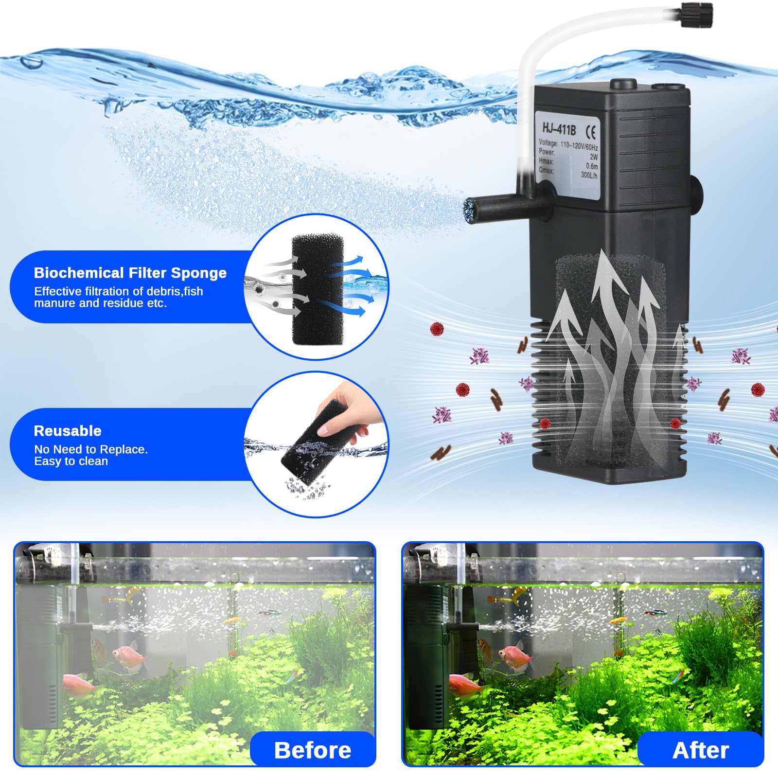 Aquarium Filter Small Betta Fish Tank Filter For 2-15 Gallon Silent 4-In-1 Adjustable Air Flow Fish Turtle Shrimp Tank Filter Su