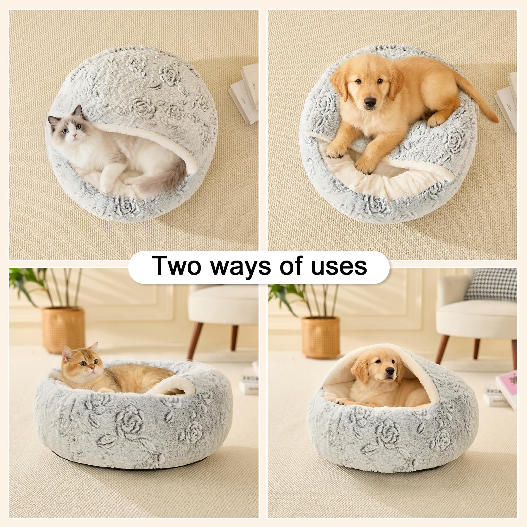 Calming Dog Beds & Cat Cave Bed with Hooded Cover,Removable Washable Round Beds for Small Medium Pets,Anti-Slip Faux Fur Fluffy