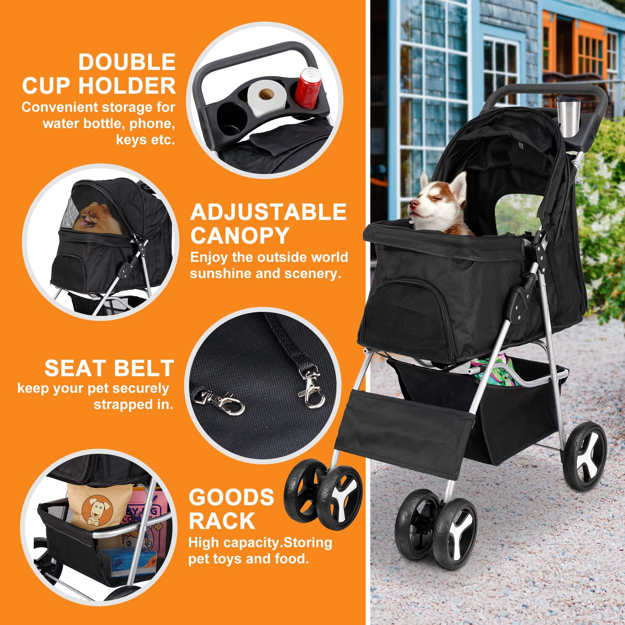 Pet Stroller 4 Wheels Dog Cat Stroller For Small Medium Dogs Cats Foldable Puppy Stroller With Storage Basket And Cup Holder