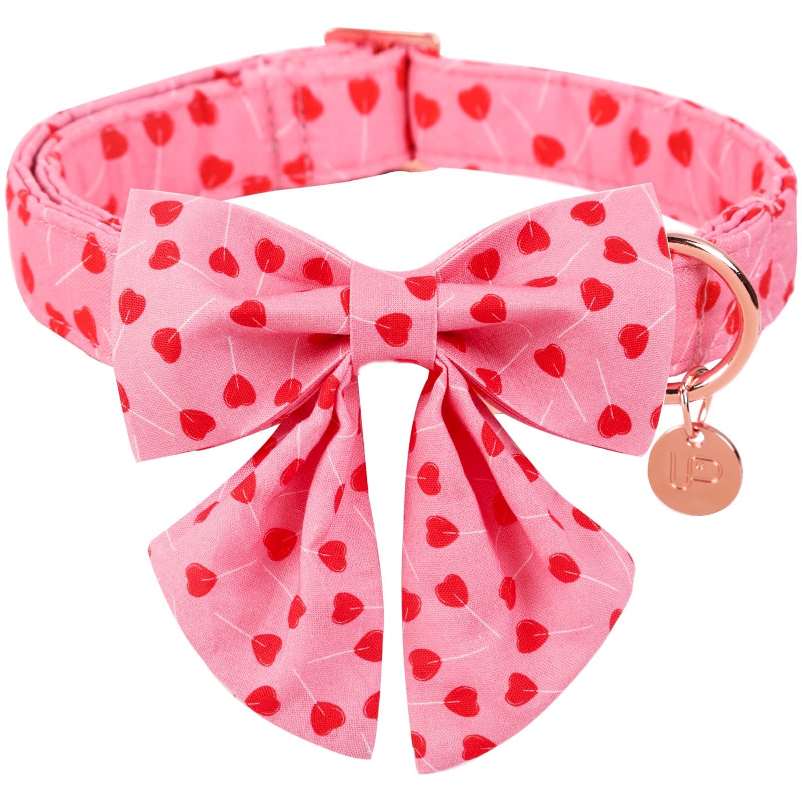 Up Urara Pup Valentine'S Day Dog Collar With Bow Tie, Cotton With Metal Buckle, Red Heart, Xs, Neck 8-12In