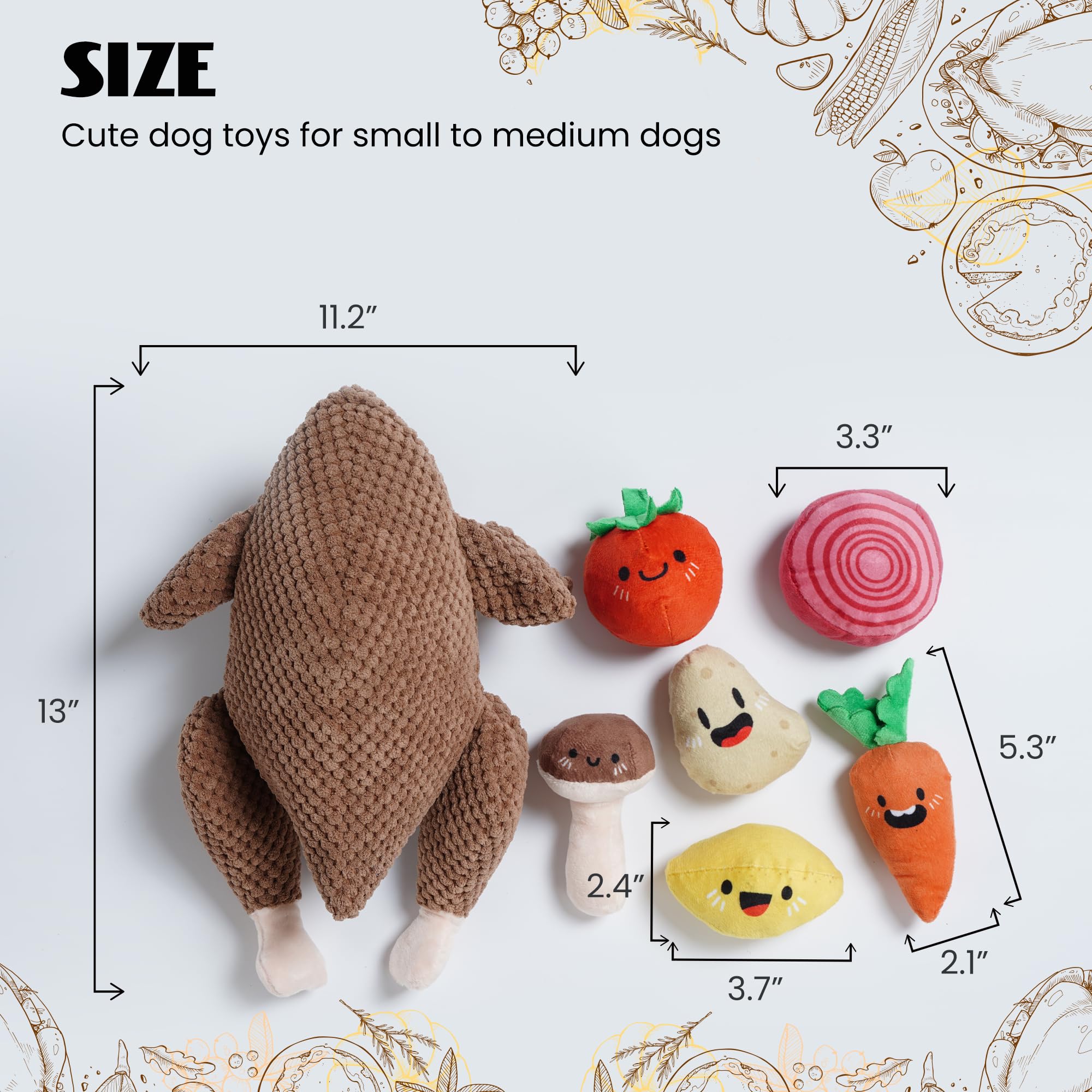 Nocciola 7-in-1 Thanksgiving Turkey Dog Toys, Squeaky Plush, Interactive Chew Toys for All Dog Sizes, Brown, Model DT-DFM-TFM-HJ
