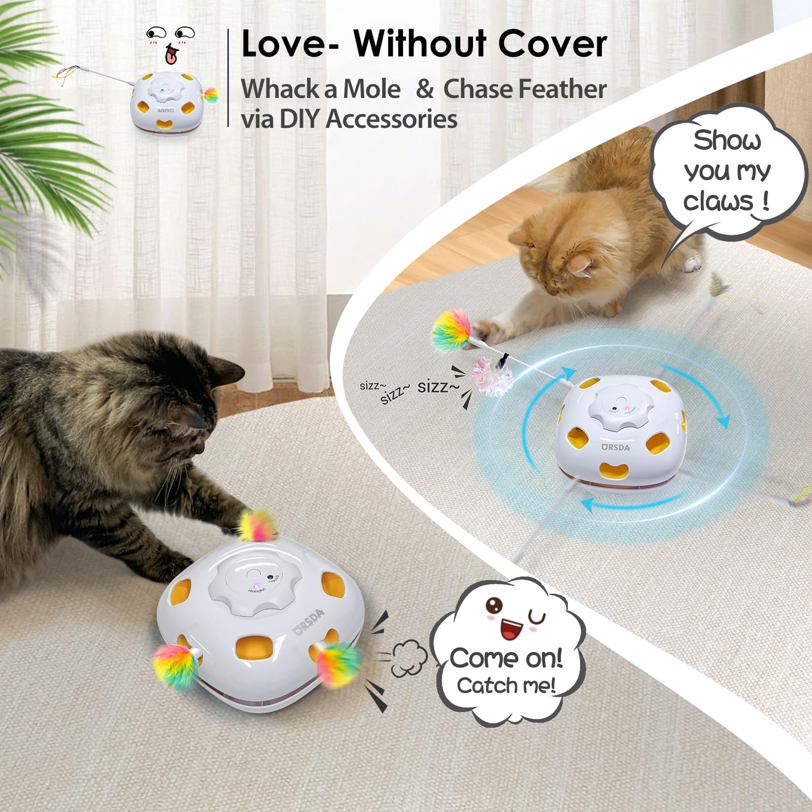 Orsda Cat Toys, 4 In 1 Interactive Cat Toys For Indoor Kitten, Automatic Electric Enrichment Hide And Seek, Chase The Feather, 8