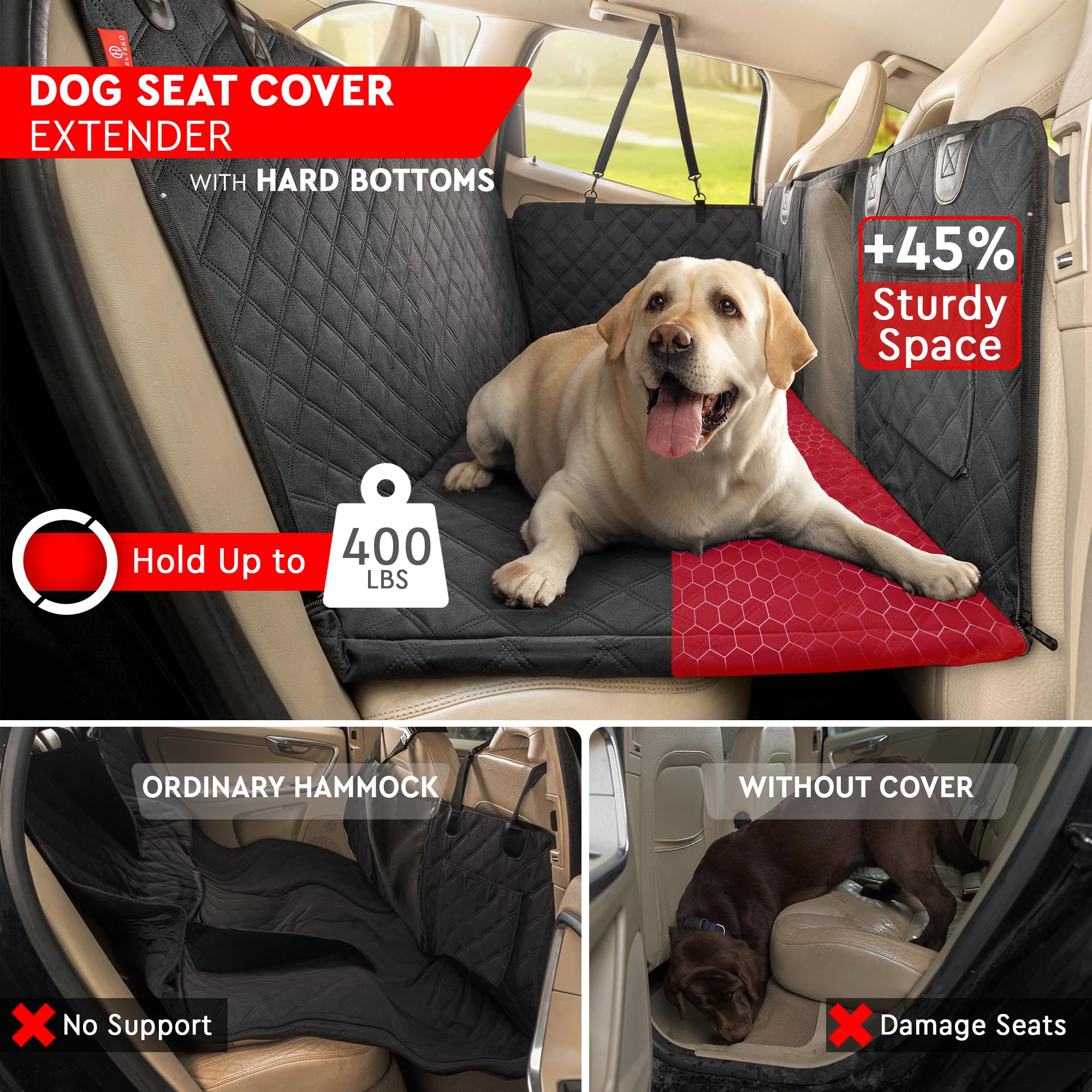 Helteko Back Seat Extender For Dogs - Premium Car Seat Cover With Hard Bottom Holds 400 Lbs, Waterproof Hammock For Pet (Black L
