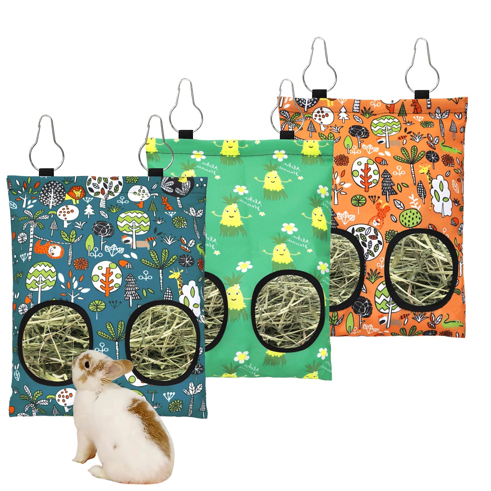 3 Pcs Rabbit Hay Feeder Bag, 2-Hole Hanging Hay Feeder Guinea Pig Hay Bags Washable Bunny Hay Bag for Rabbits Chinchillas Hamste